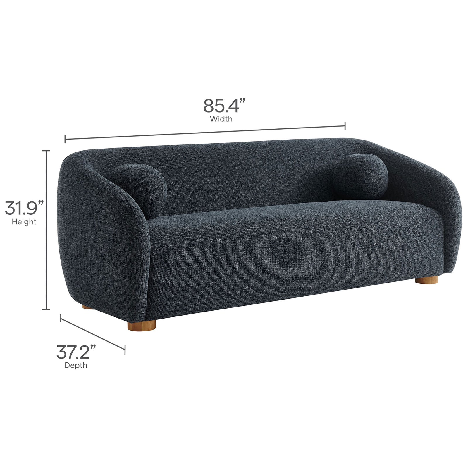 Dimension diagram of the Holland navy curved sofa with labeled width, depth, and height measurements. || EEI-7217-NAV || dimension_studio