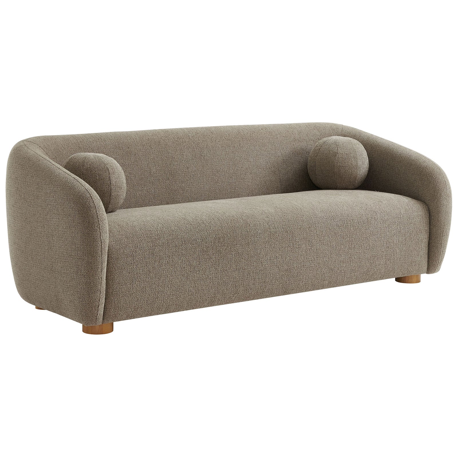 Curved taupe sofa showcases its sculpted profile, rounded back, and ball pillows in chenille upholstery || EEI-7217-TAU || front_angle_studio