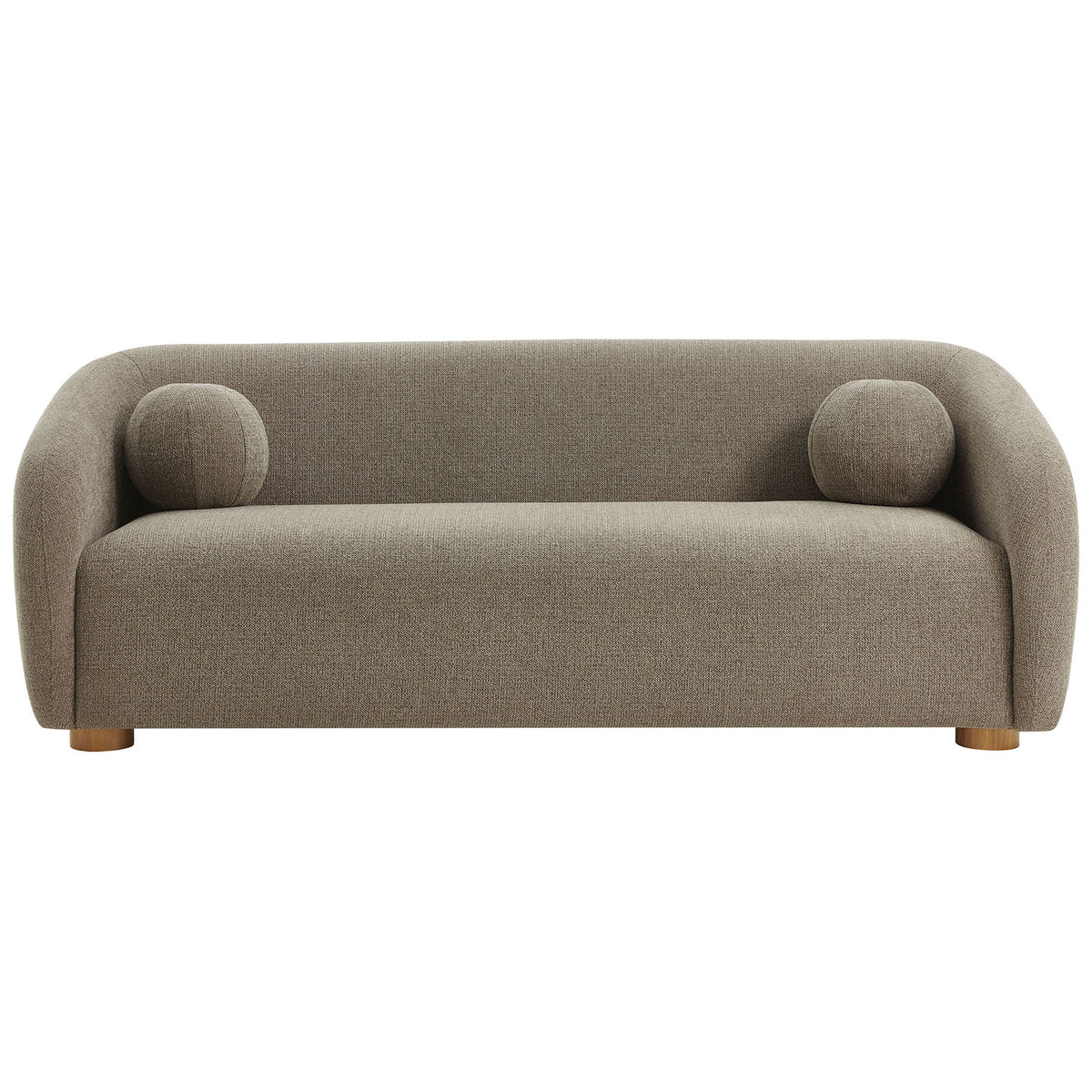Taupe chenille curved sofa with rounded arms and cozy ball accent pillows on wood bun feet || EEI-7217-TAU || front_studio