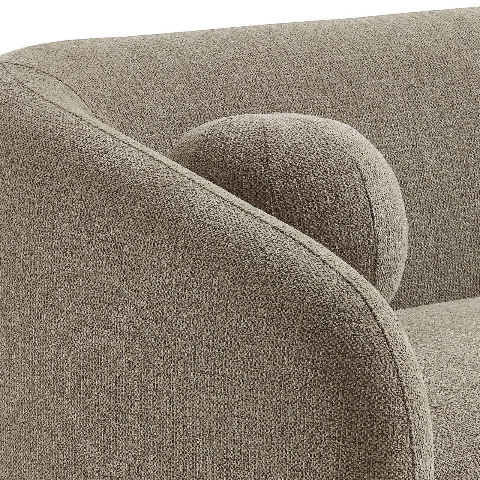 Sofa arm with matching round accent pillow shows the tightly woven chenille texture || EEI-7217-TAU || detail_studio