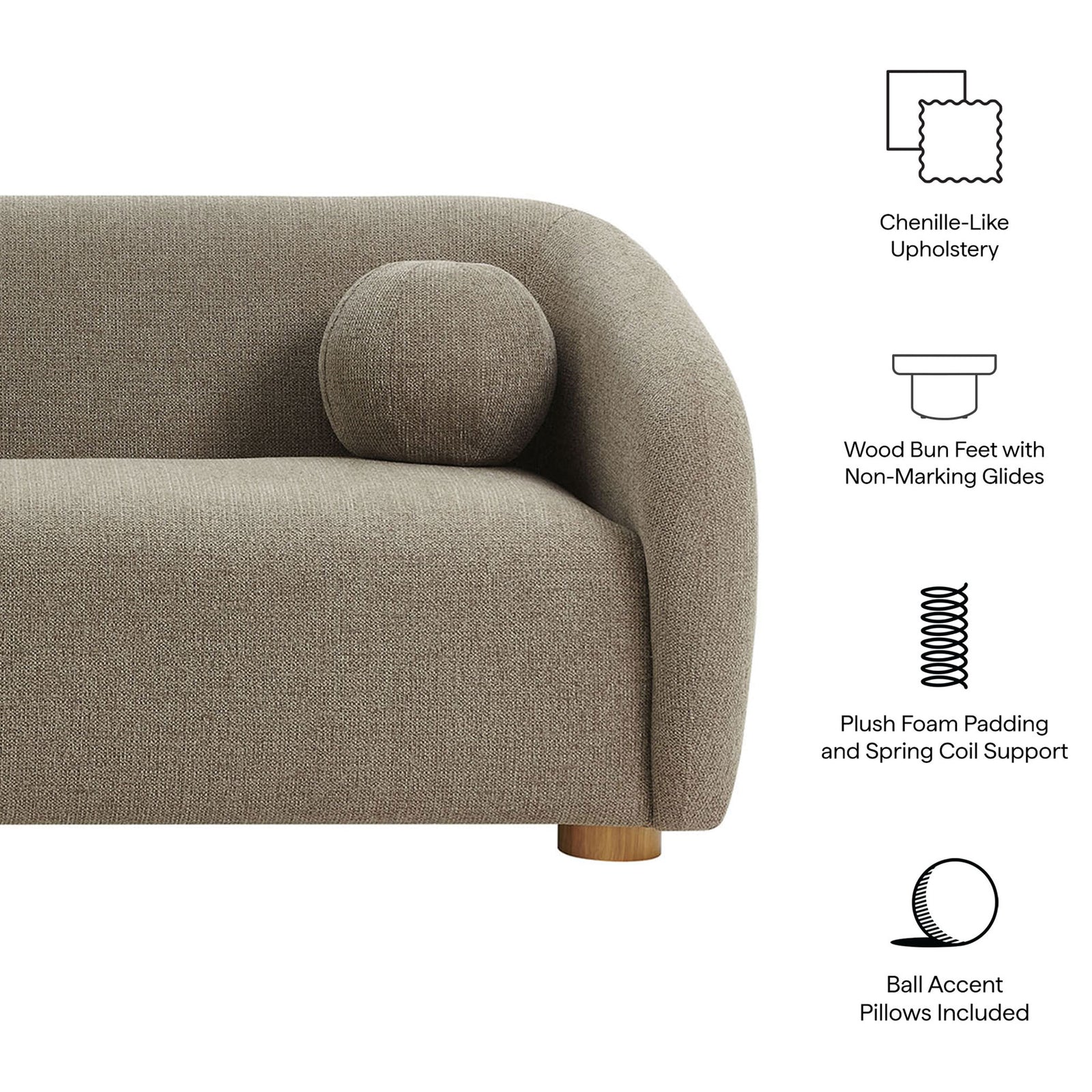Icons highlight the sofa's chenille like upholstery, wood bun feet, plush support, and ball accent pillows || EEI-7217-TAU || callout_studio