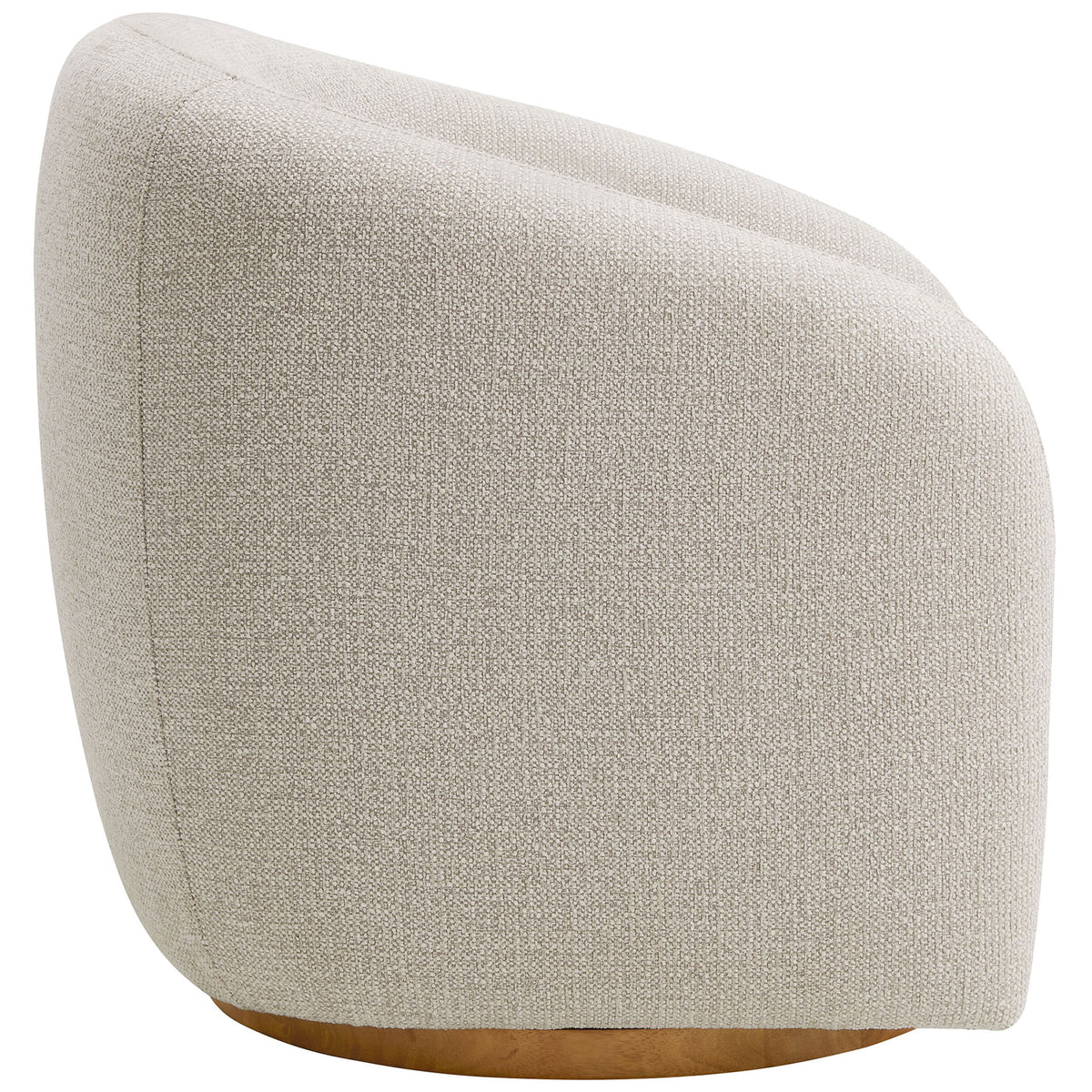 Sleek curved profile in dove gray chenille rests on a low wood swivel base with soft, inviting contours. || EEI-7218-DOV || side_studio