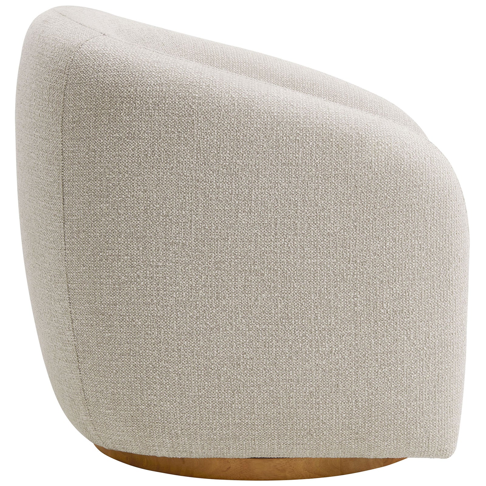 Sleek curved profile in dove gray chenille rests on a low wood swivel base with soft, inviting contours. || EEI-7218-DOV || side_studio