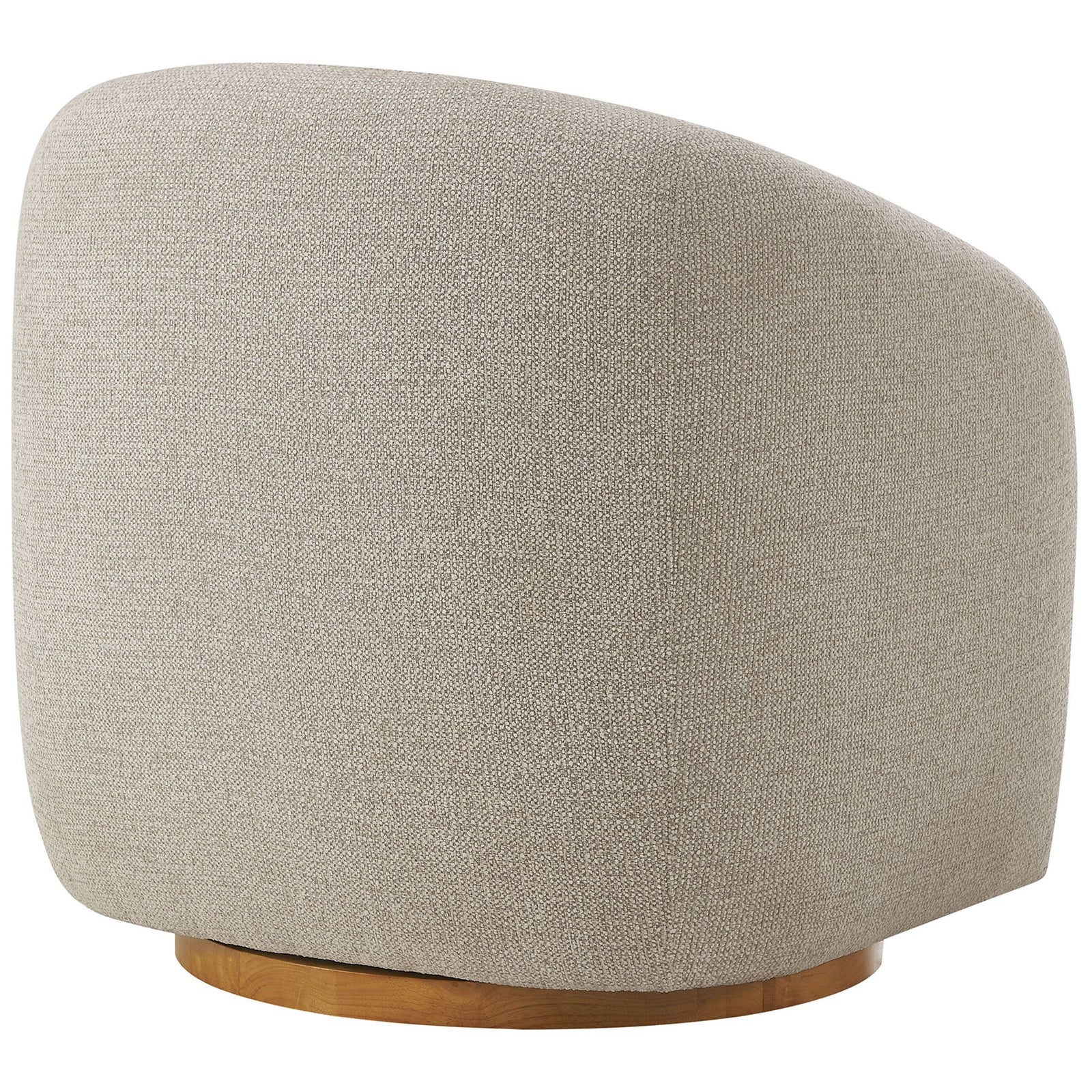 Rounded back and seamless upholstery showcase the chair's sculpted form atop a warm wood swivel base. || EEI-7218-DOV || back_angle_studio