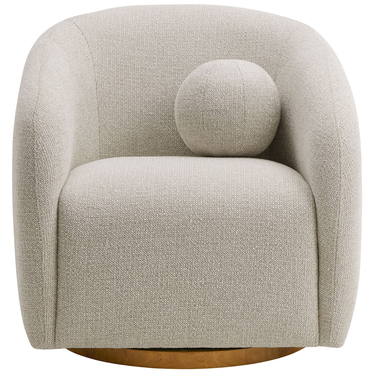 Curved dove gray chenille armchair with barrel silhouette, wood swivel base, and matching ball pillow. || EEI-7218-DOV || front_studio