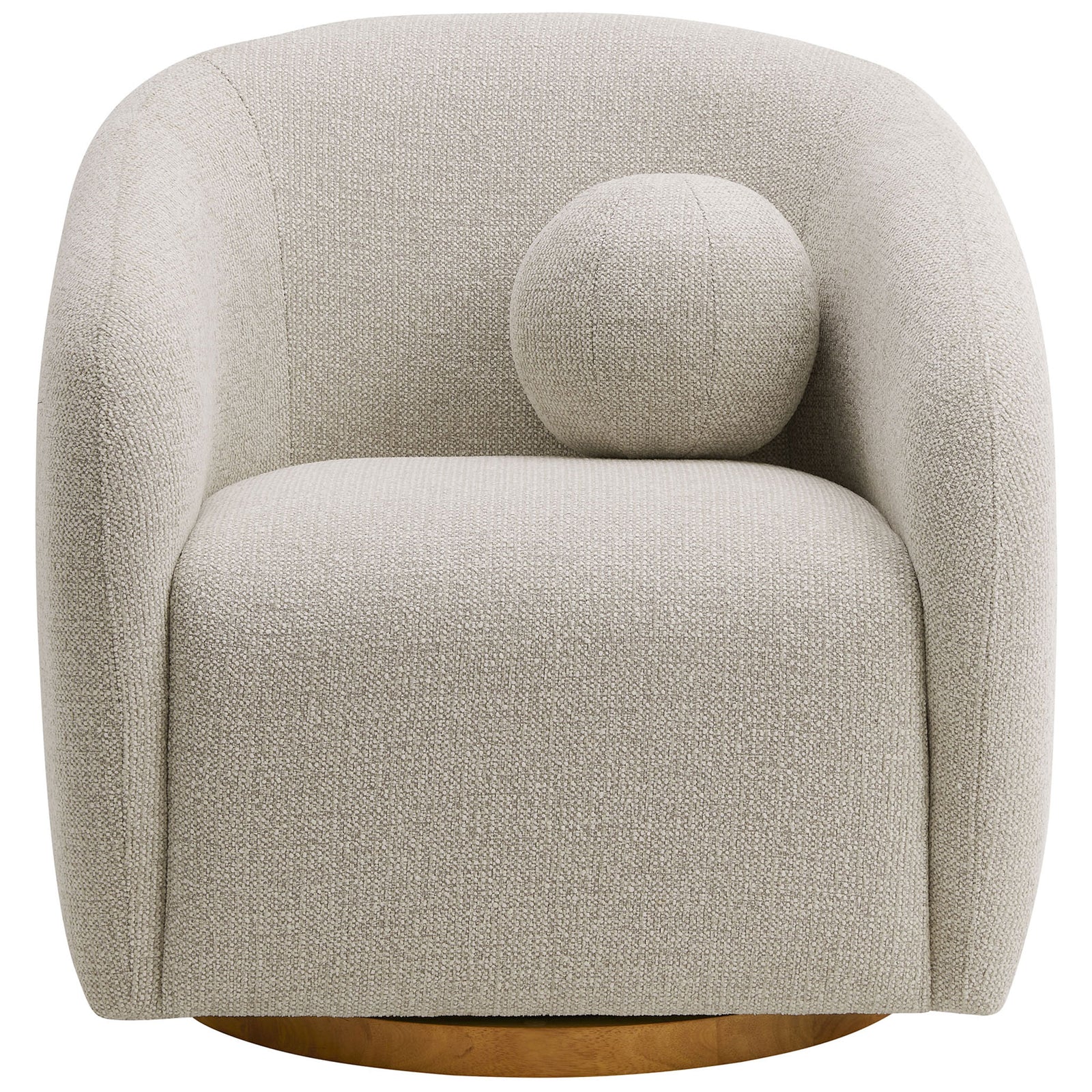 Curved dove gray chenille armchair with barrel silhouette, wood swivel base, and matching ball pillow. || EEI-7218-DOV || front_studio