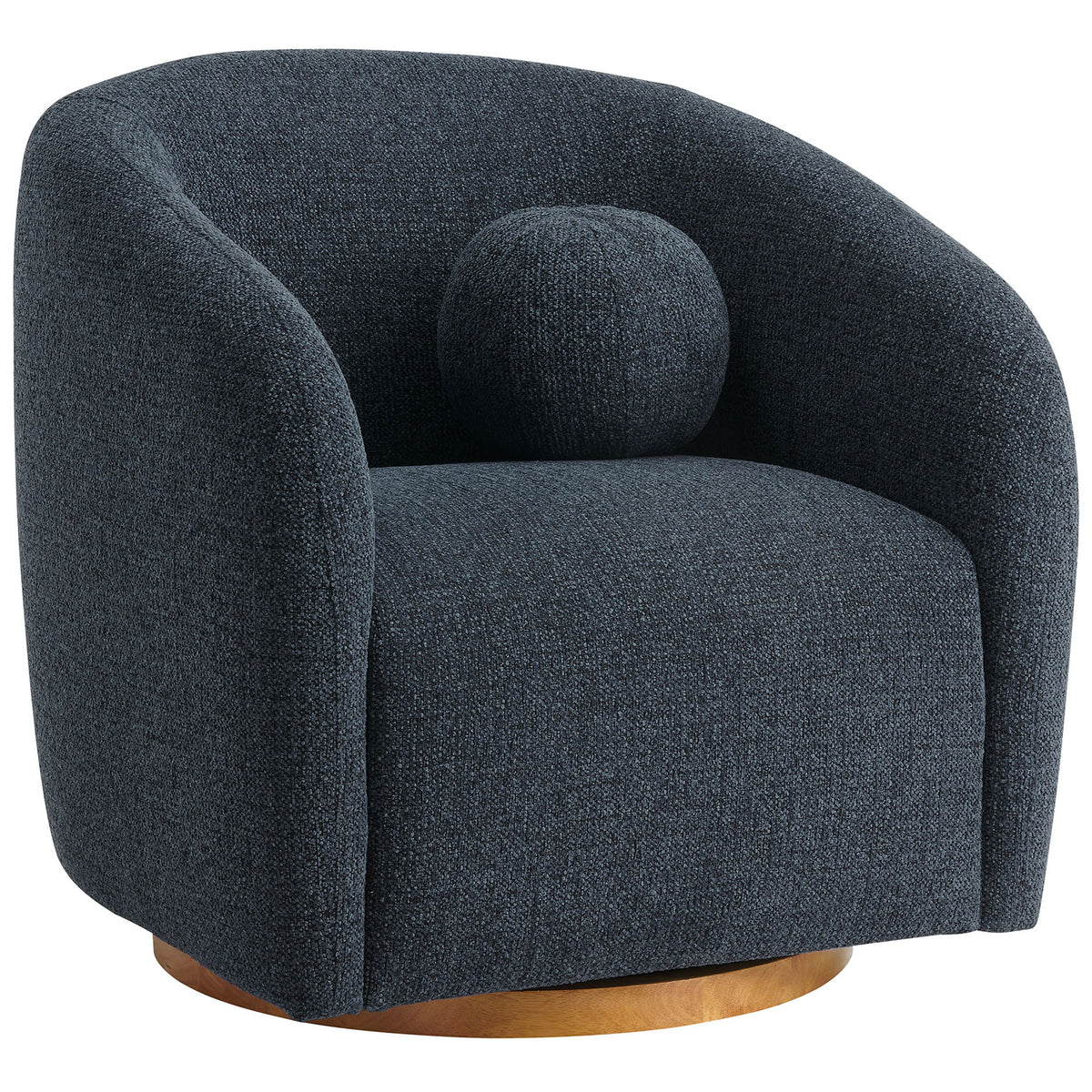 Sculpted barrel silhouette in navy chenille with rounded arms and a smooth wood swivel base || EEI-7218-NAV || front_angle_studio