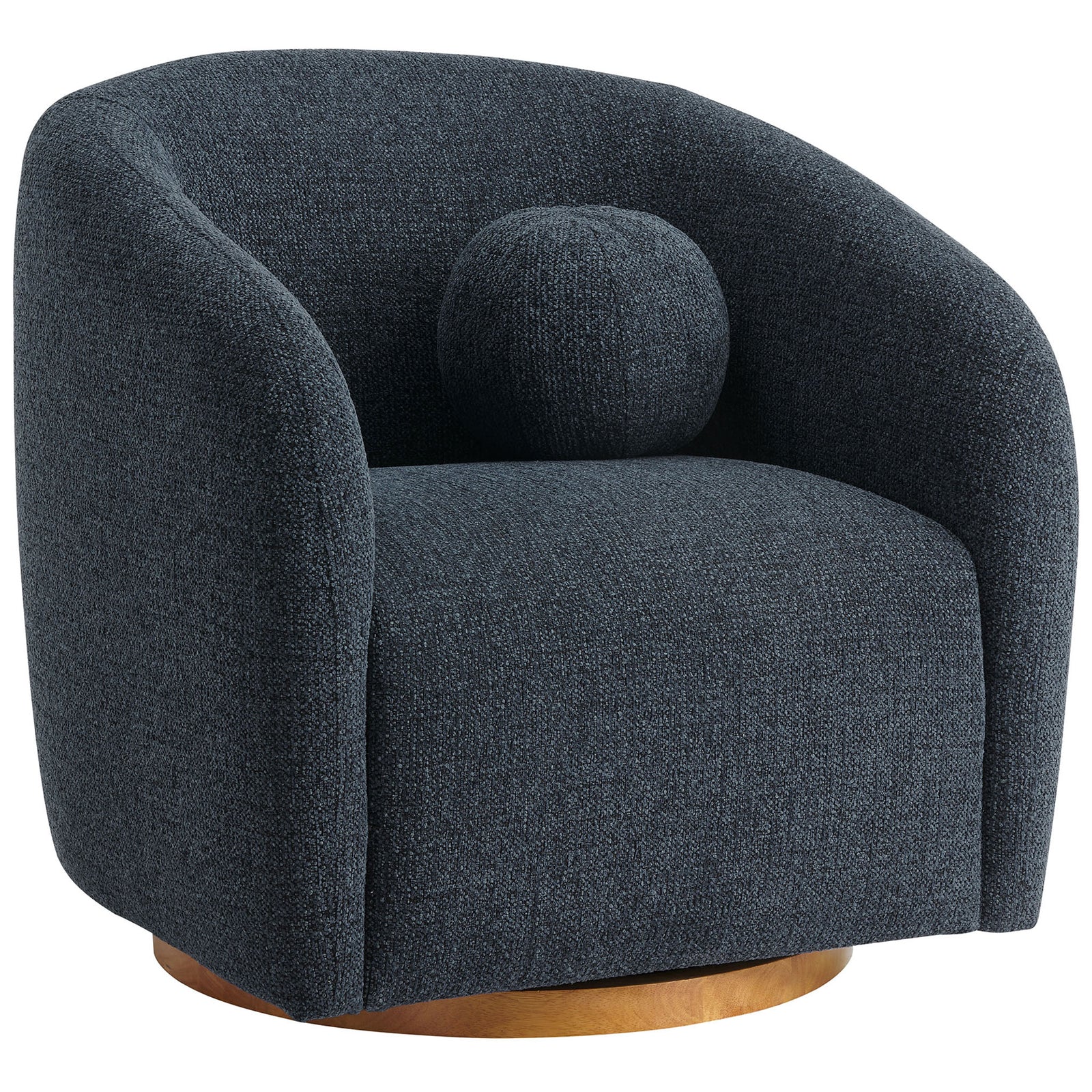 Sculpted barrel silhouette in navy chenille with rounded arms and a smooth wood swivel base || EEI-7218-NAV || front_angle_studio
