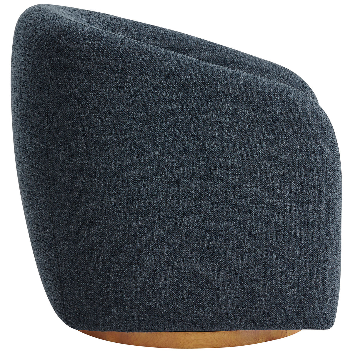 Sleek sloping armrests and a wraparound back on a wood swivel base for modern comfort || EEI-7218-NAV || side_studio
