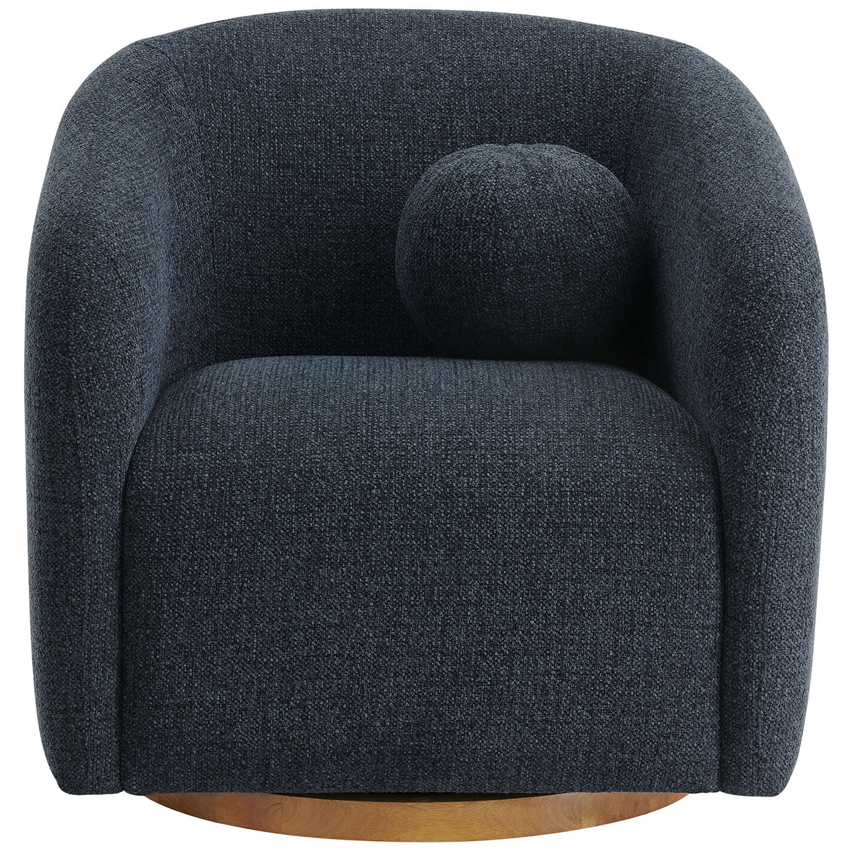 Curved navy chenille swivel armchair with matching ball pillow and warm wood base || EEI-7218-NAV || front_studio