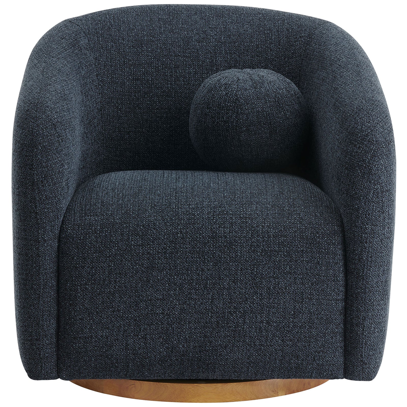 Curved navy chenille swivel armchair with matching ball pillow and warm wood base || EEI-7218-NAV || front_studio