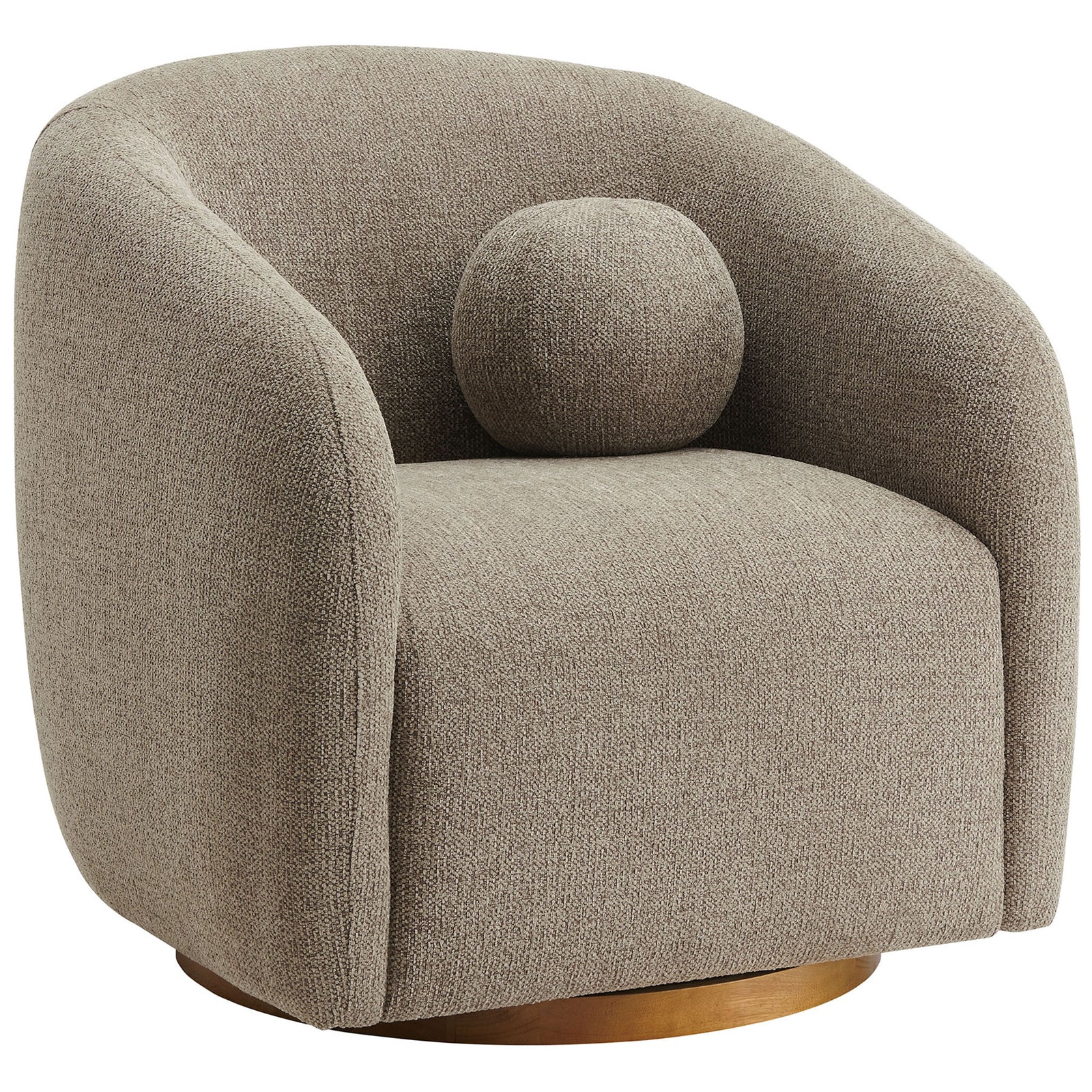 Curved chenille-like swivel armchair with rounded arms, plush seat, and a fun ball accent pillow || EEI-7218-TAU || front_angle_studio