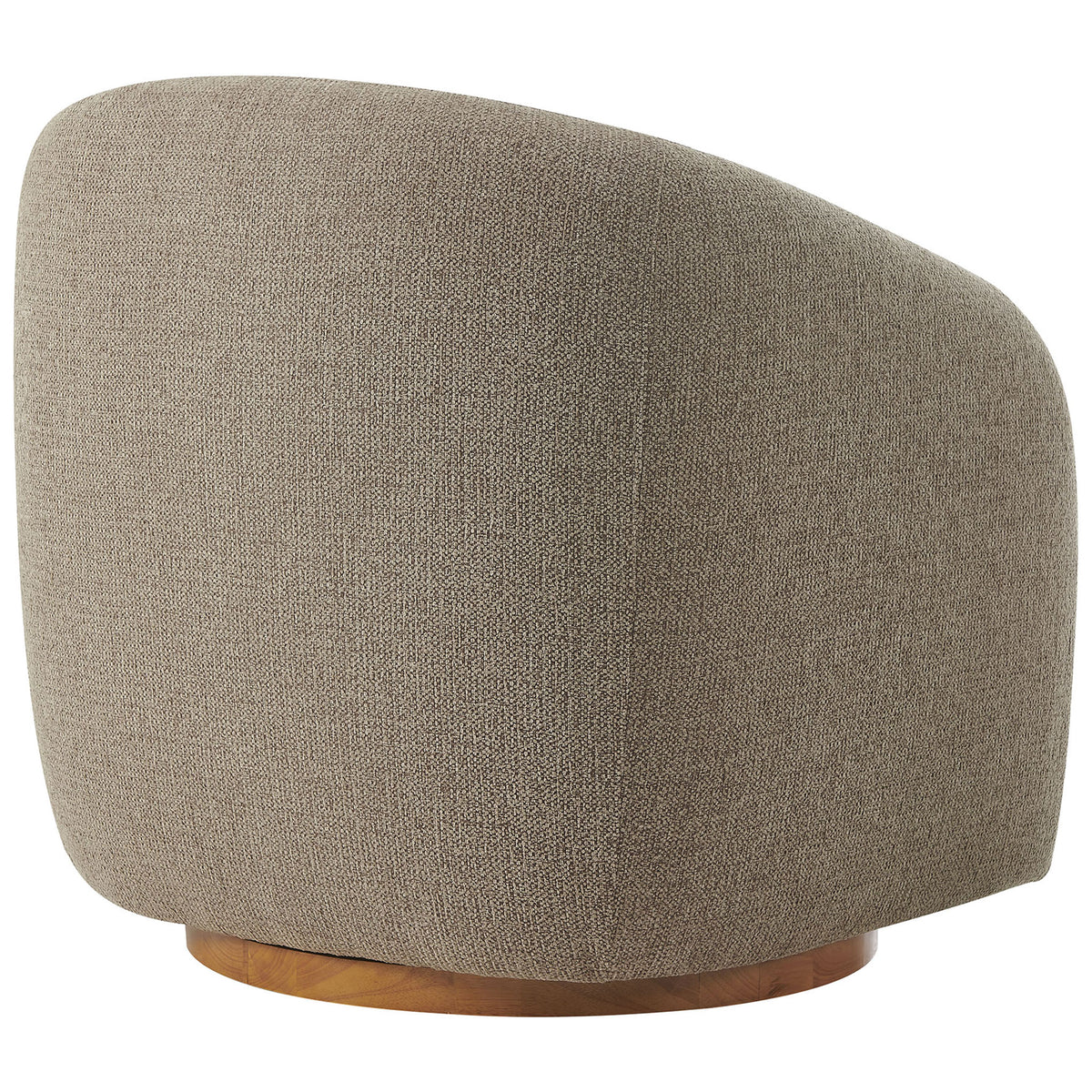 Seamless rounded back and textured chenille-like upholstery atop a warm wood swivel base || EEI-7218-TAU || back_angle_studio