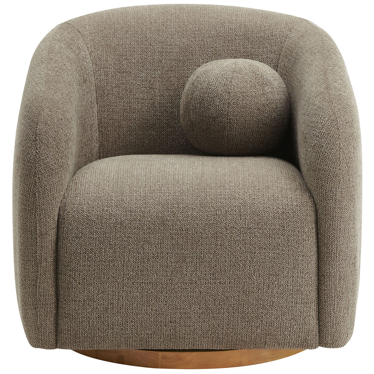 Cozy curved barrel armchair in taupe chenille-like fabric with matching ball pillow and wood swivel base || EEI-7218-TAU || front_studio