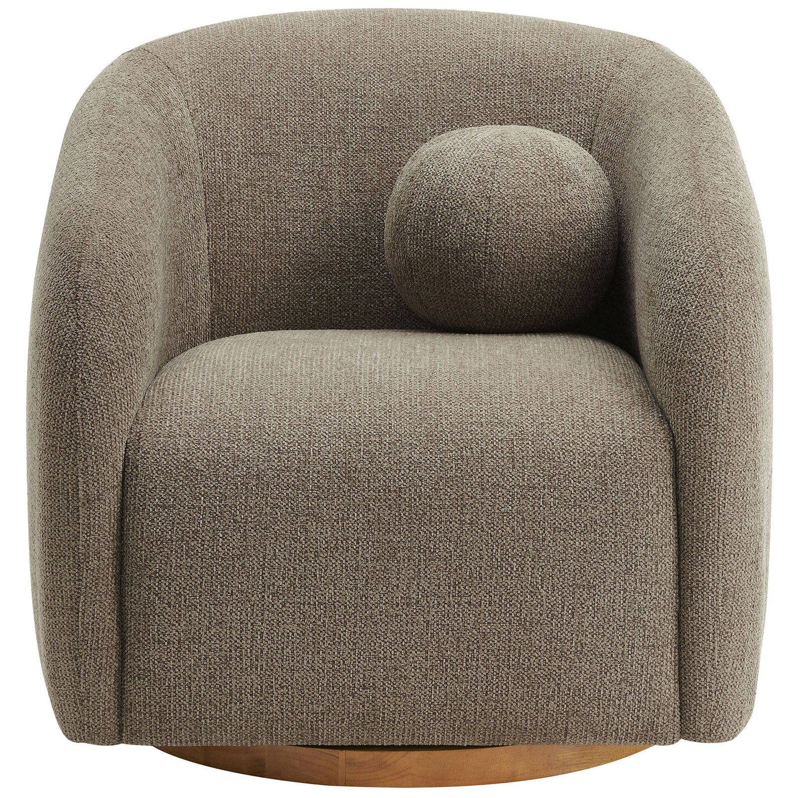 Cozy curved barrel armchair in taupe chenille-like fabric with matching ball pillow and wood swivel base || EEI-7218-TAU || front_studio