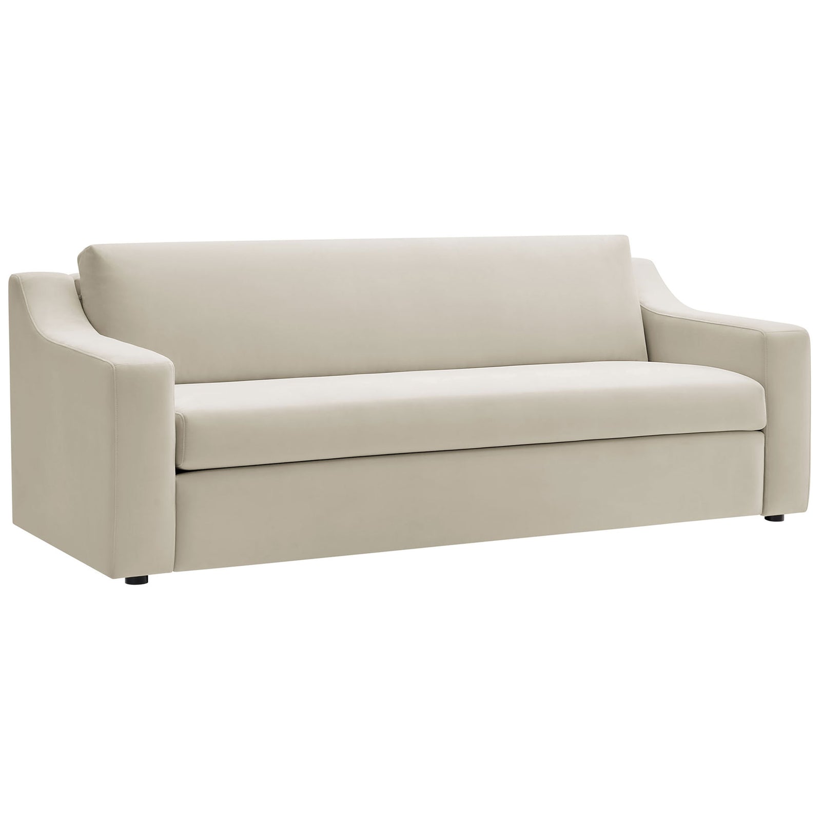 Alabaster velvet three seat sofa with sloped track arms and recessed legs for a floating look || EEI-7219-ALA || front_angle_studio