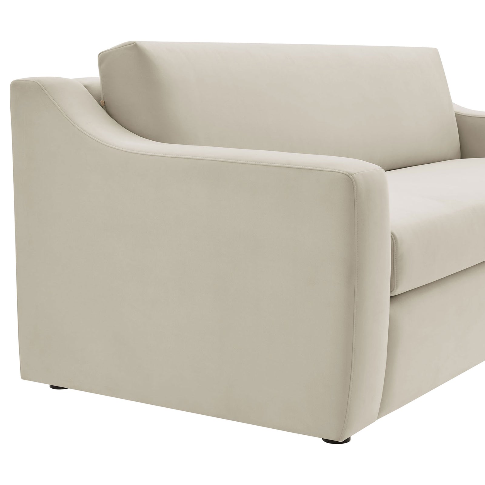 Alabaster velvet sofa arm showcases soft curves and smooth, uninterrupted upholstery || EEI-7219-ALA || detail_studio