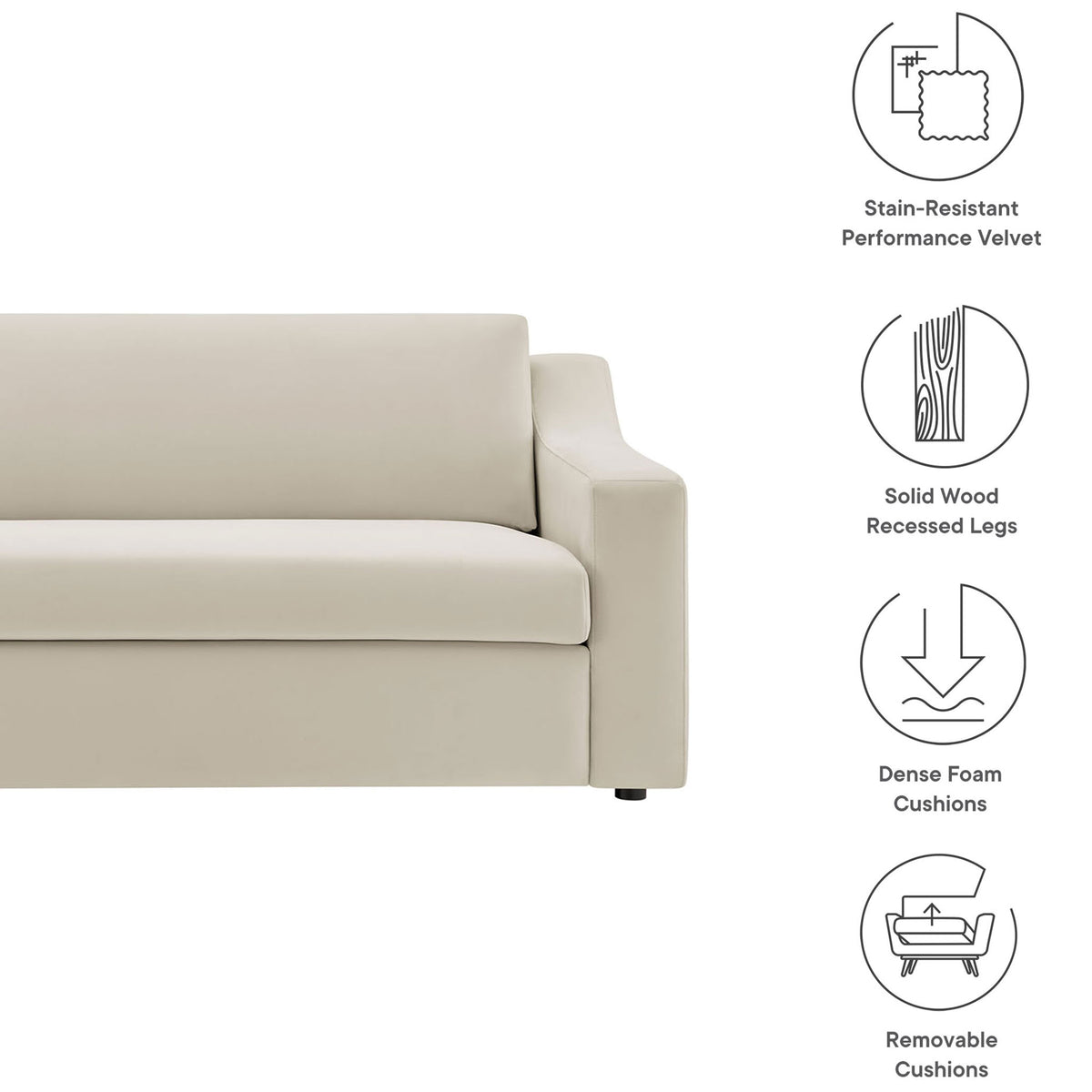 Alabaster velvet sofa features stain resistant fabric, recessed wood legs, dense foam, and removable cushions || EEI-7219-ALA || callout_studio