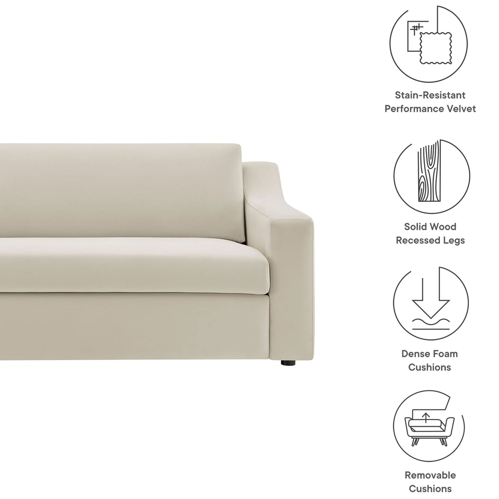 Alabaster velvet sofa features stain resistant fabric, recessed wood legs, dense foam, and removable cushions || EEI-7219-ALA || callout_studio