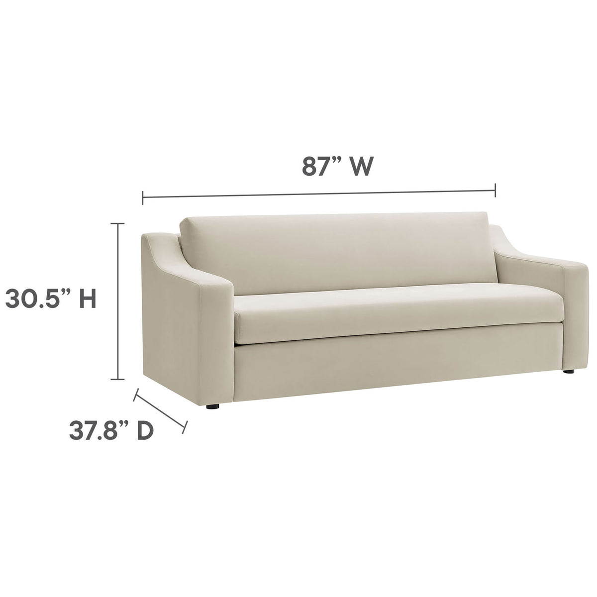 Alabaster velvet sofa with clearly labeled width, height, and depth for easy living room planning || EEI-7219-ALA || dimension_studio