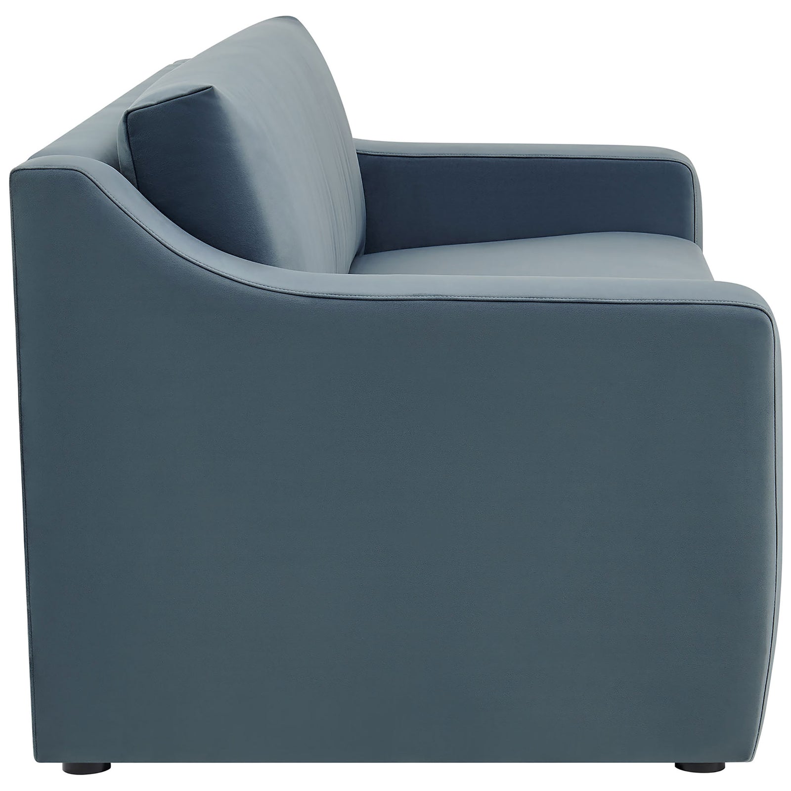 Cadet blue velvet sofa with gently curved slope arm silhouette and tailored side panel || EEI-7219-CAB || side_studio