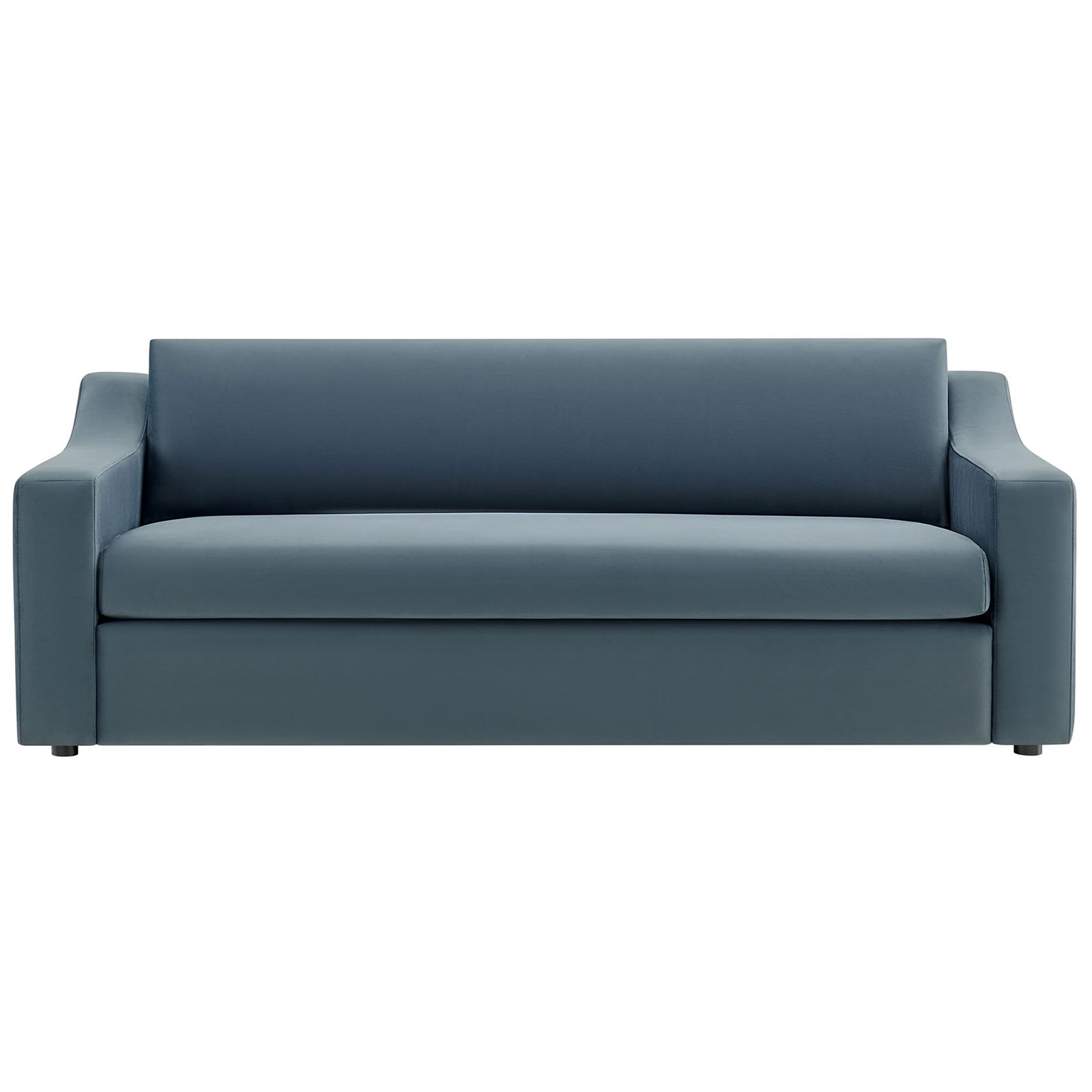 Cadet blue performance velvet sofa with sloped arms and deep bench seat for relaxed modern lounging || EEI-7219-CAB || front_studio