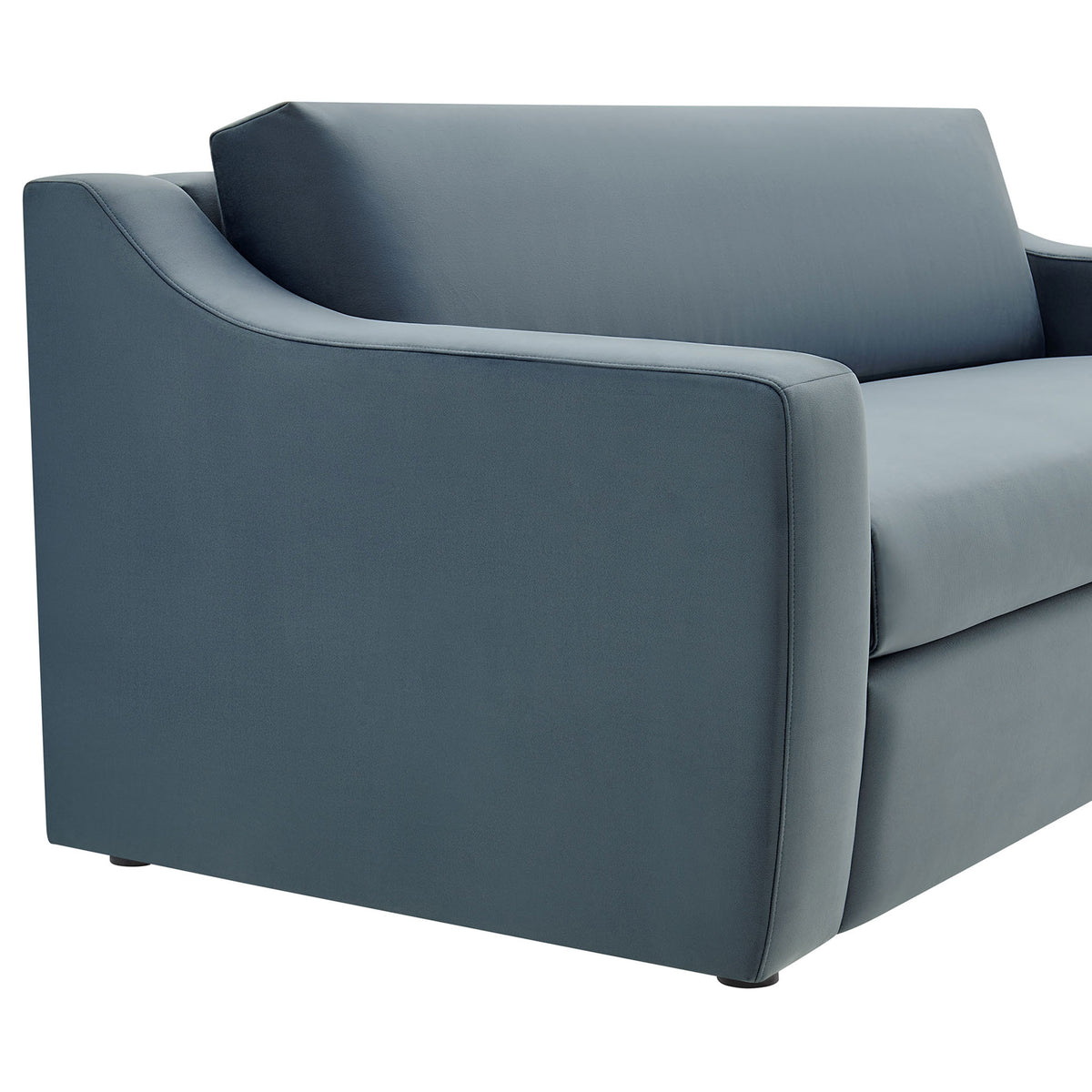 Cadet blue velvet slope arm and plush seat cushion highlighted with smooth, tailored seams || EEI-7219-CAB || detail_studio