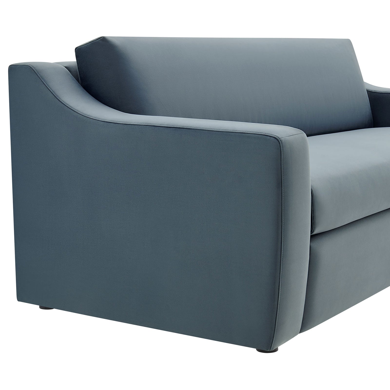 Cadet blue velvet slope arm and plush seat cushion highlighted with smooth, tailored seams || EEI-7219-CAB || detail_studio