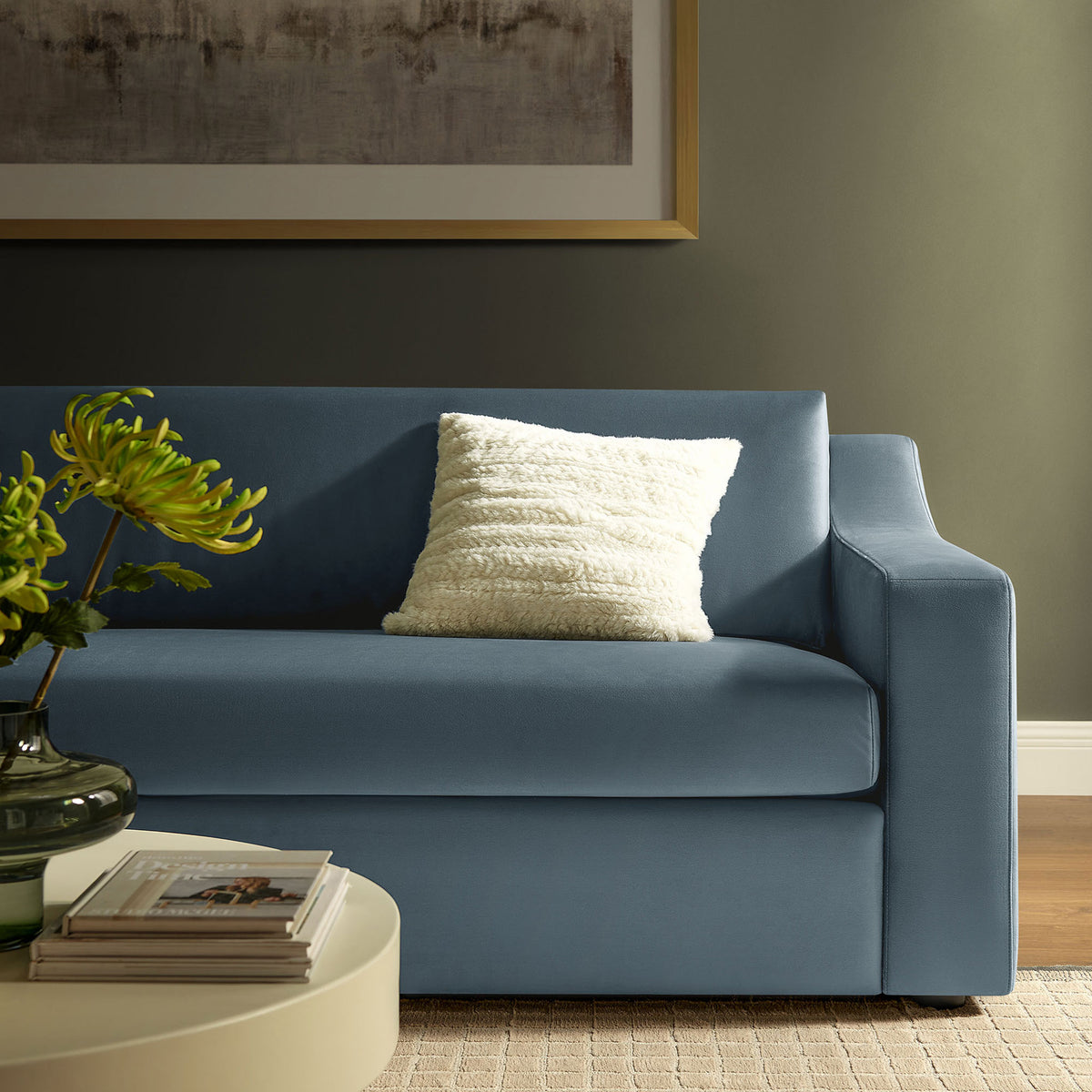 Cadet blue velvet sofa styled with a soft textured pillow for inviting everyday comfort || EEI-7219-CAB || detail_room