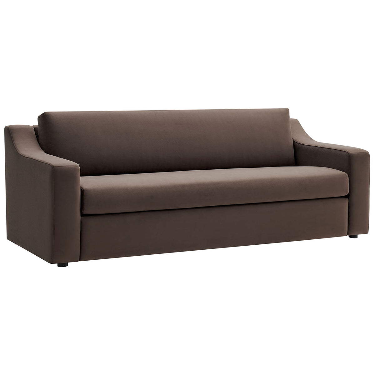 Chocolate brown performance velvet sofa with sloped track arms and streamlined modern profile || EEI-7219-CHB || front_angle_studio