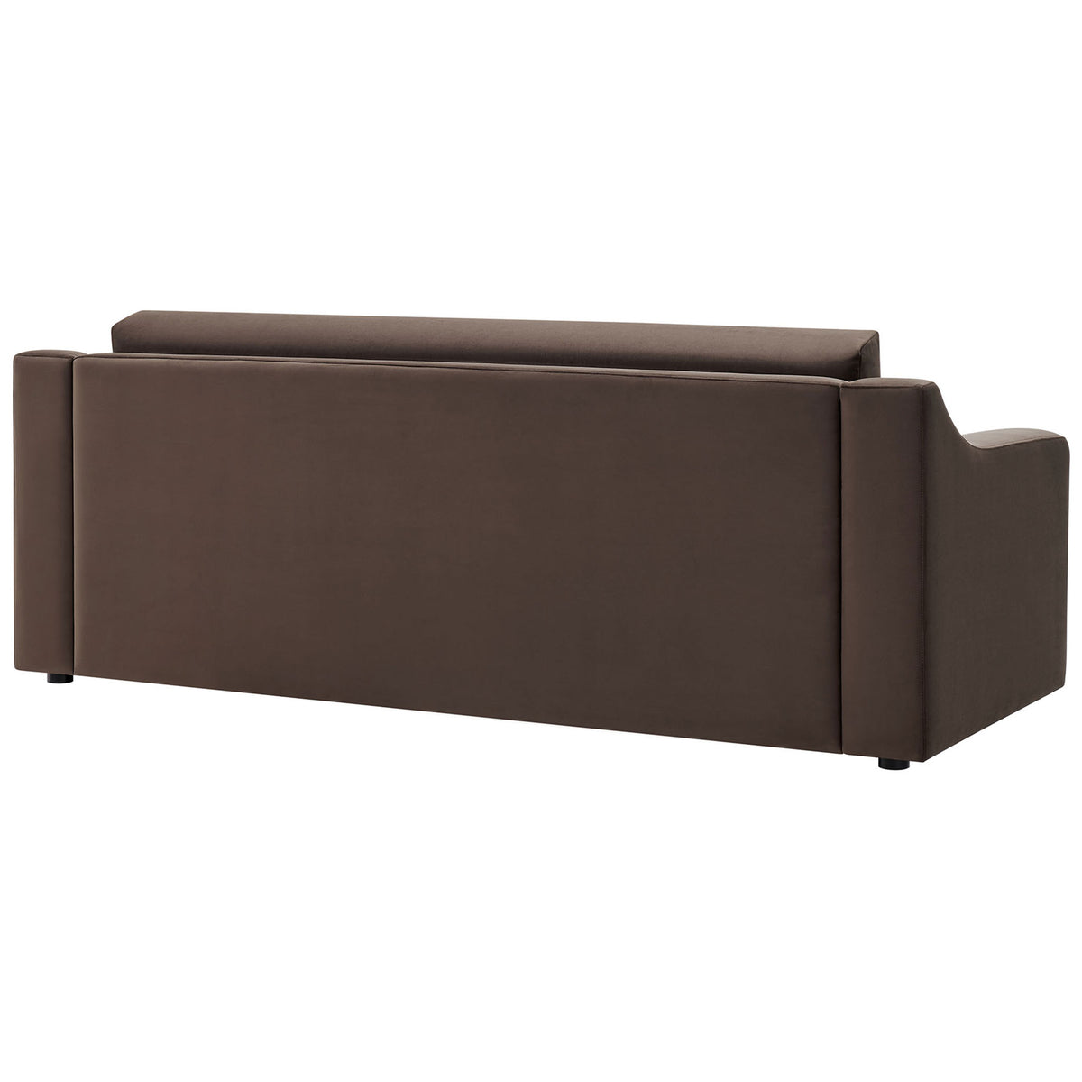 Clean-lined back of chocolate brown velvet sofa with recessed legs for a floating look || EEI-7219-CHB || back_studio