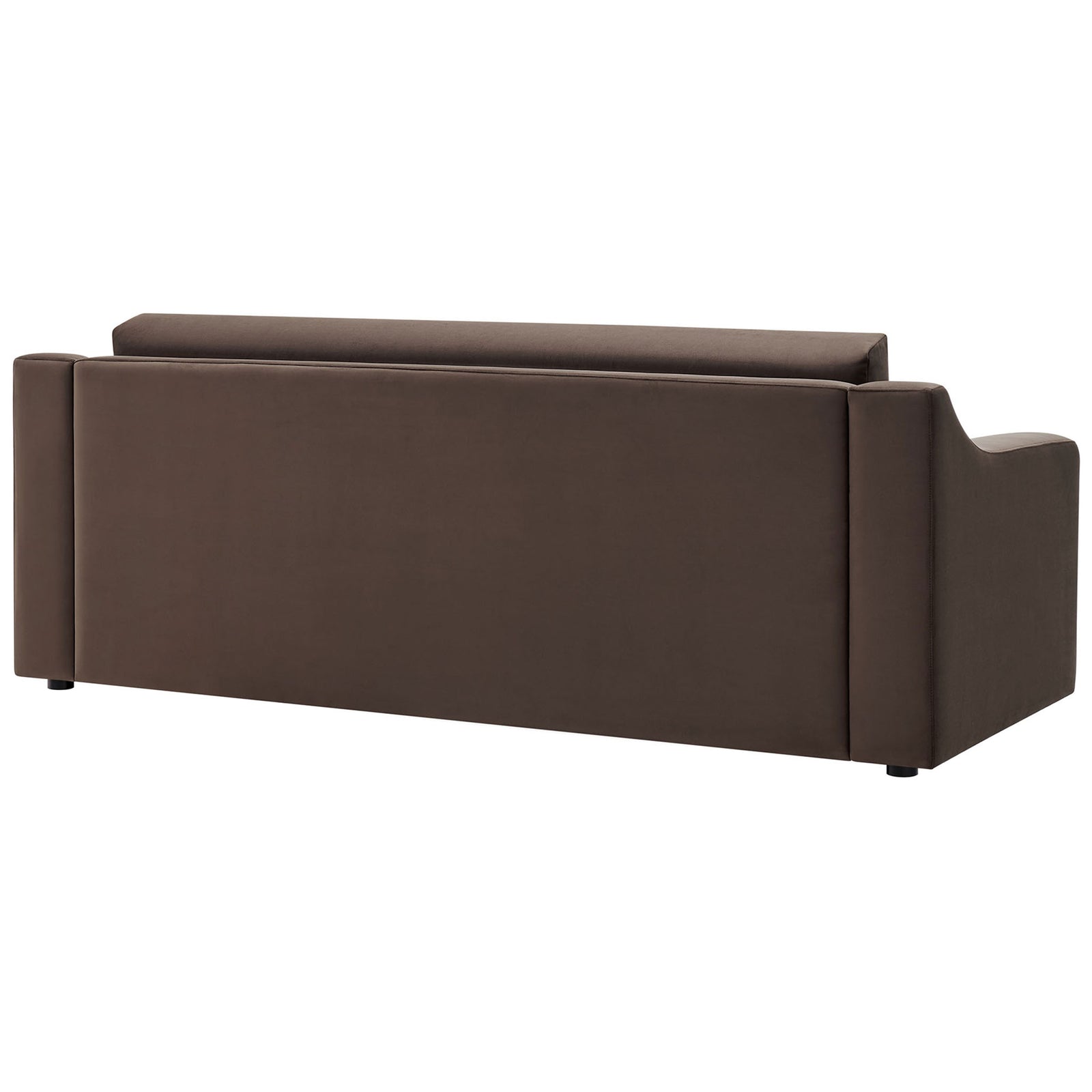 Clean-lined back of chocolate brown velvet sofa with recessed legs for a floating look || EEI-7219-CHB || back_studio