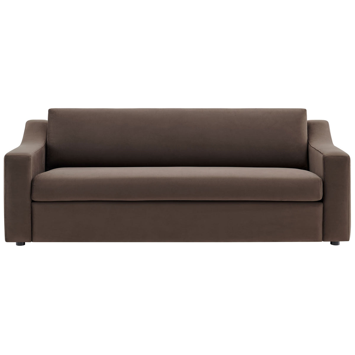 Three seat chocolate brown performance velvet sofa with plush cushions and low-profile arms || EEI-7219-CHB || front_studio