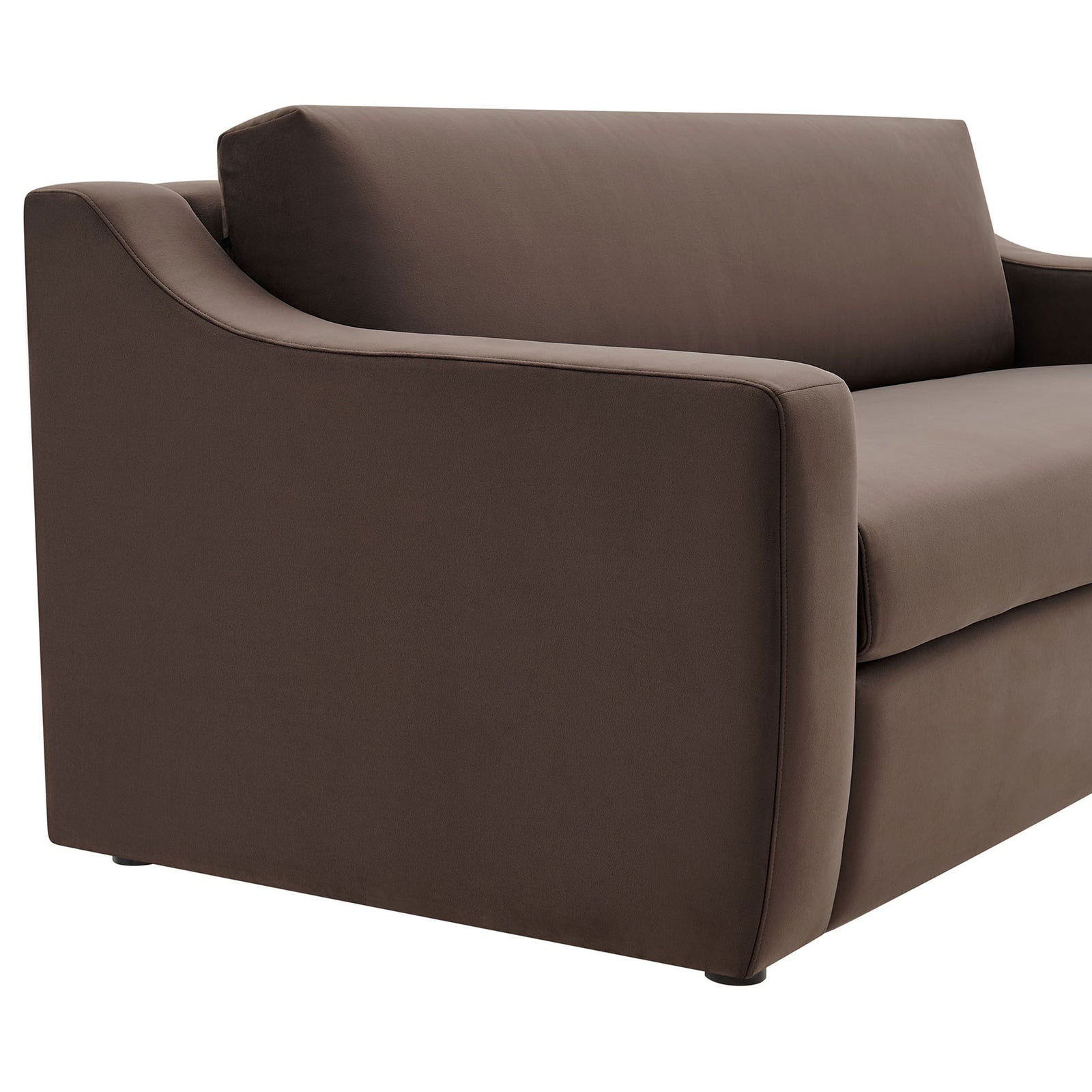 Sloped arm and tight tailoring on the chocolate brown performance velvet sofa || EEI-7219-CHB || detail_studio