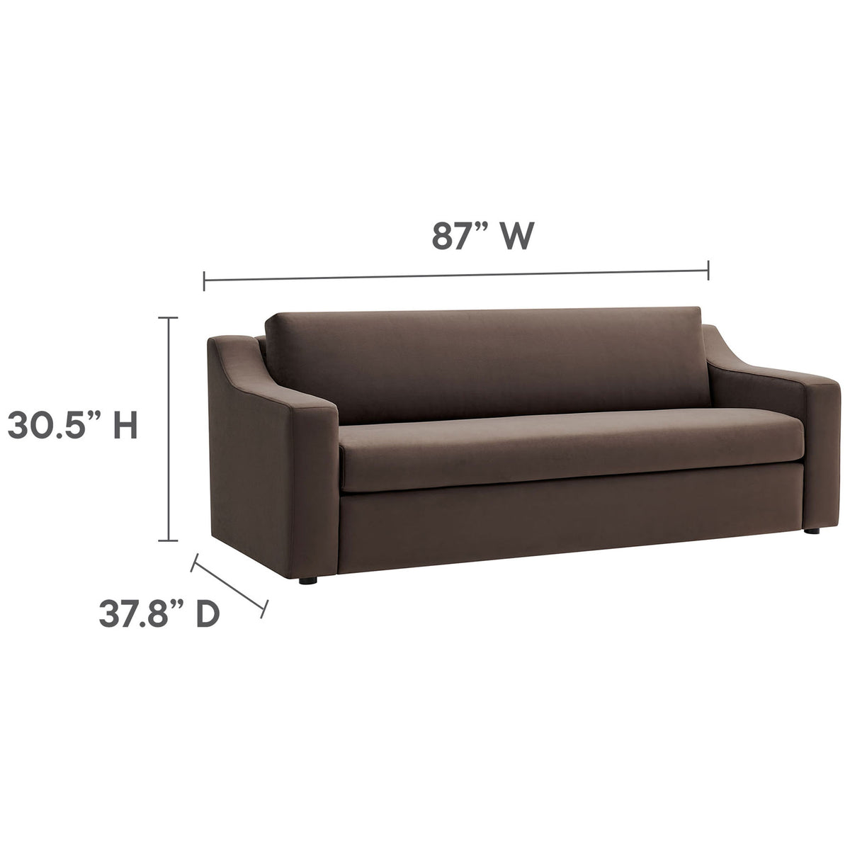 Measurements showing overall width, depth, and height of the chocolate brown velvet sofa || EEI-7219-CHB || dimension_studio