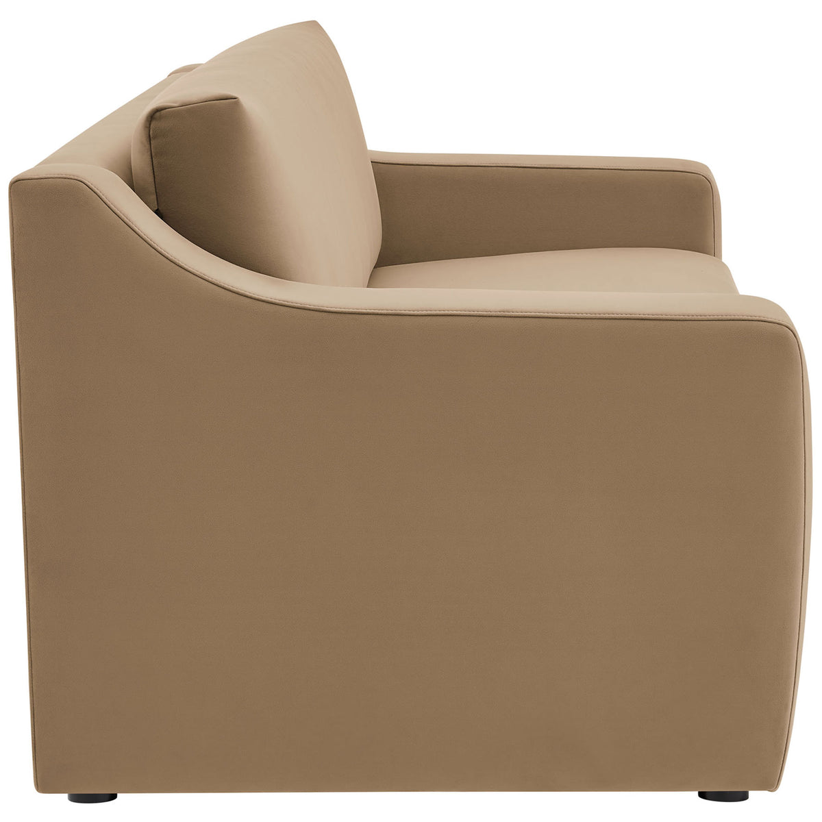 Low profile taupe sofa with smooth, tailored sides and thick bench cushion for modern comfort. || EEI-7219-TAU || side_studio
