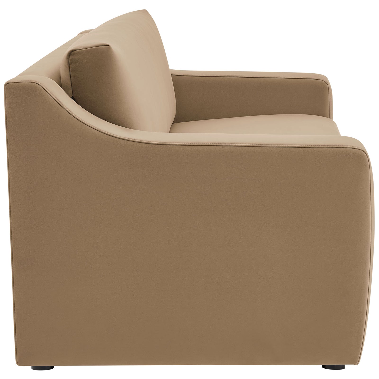 Low profile taupe sofa with smooth, tailored sides and thick bench cushion for modern comfort. || EEI-7219-TAU || side_studio