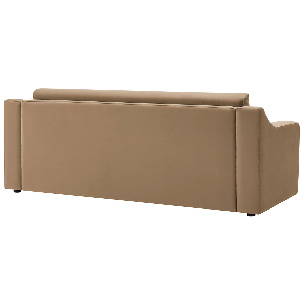 Taupe velvet sofa with clean, fully upholstered back and recessed legs for a sleek floating effect. || EEI-7219-TAU || back_studio