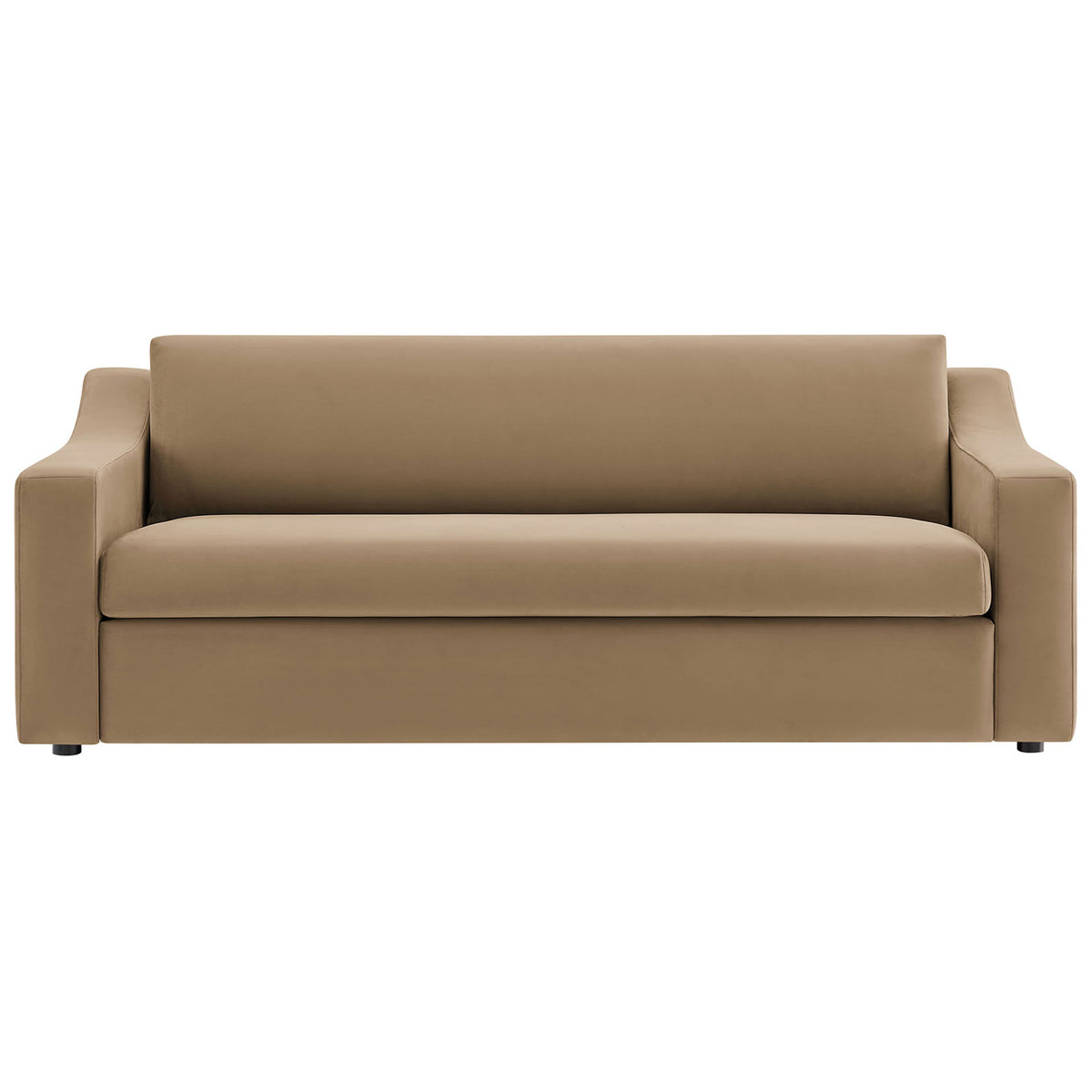 Liora taupe performance velvet sofa with plush bench seat and removable back cushion for everyday lounging. || EEI-7219-TAU || front_studio