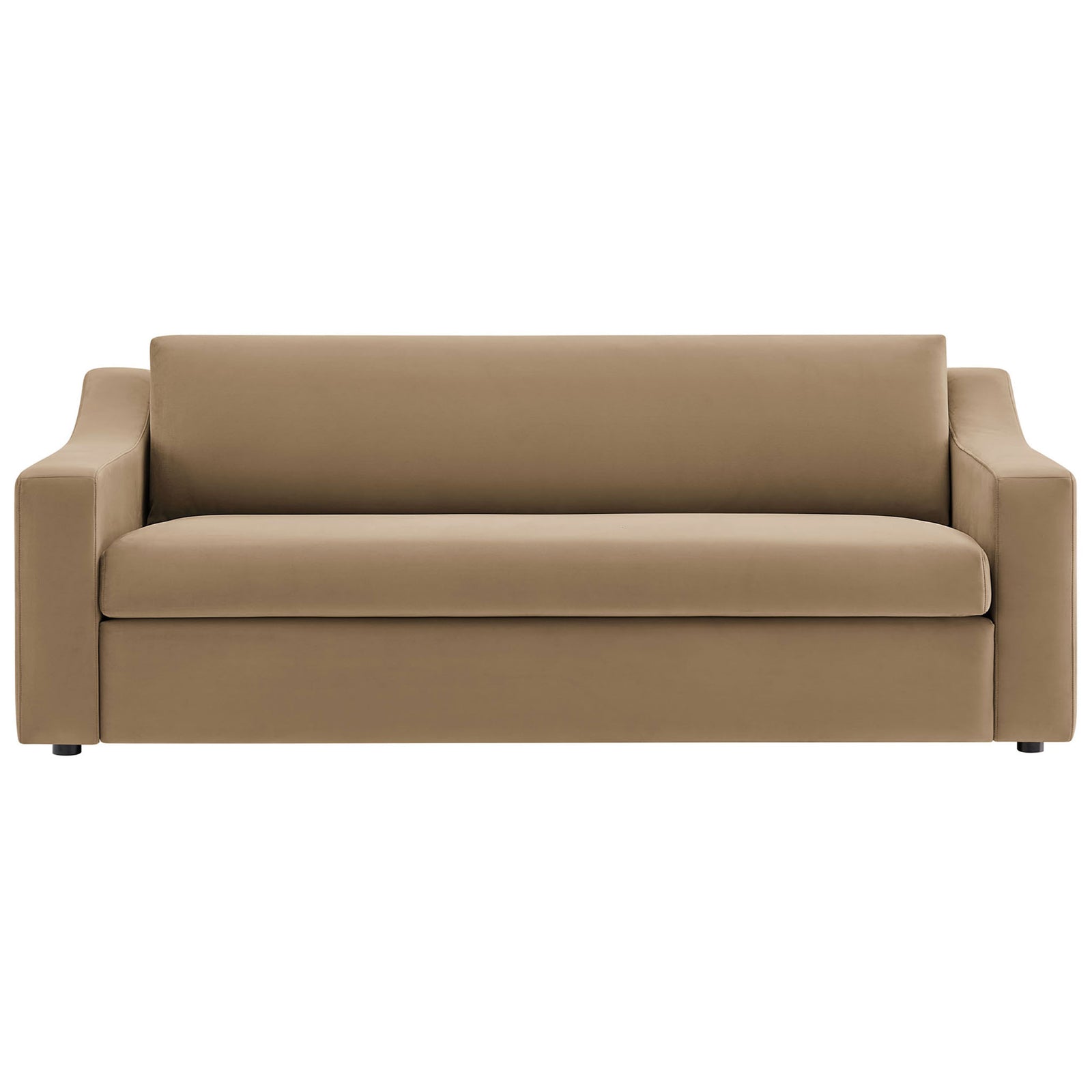 Liora taupe performance velvet sofa with plush bench seat and removable back cushion for everyday lounging. || EEI-7219-TAU || front_studio