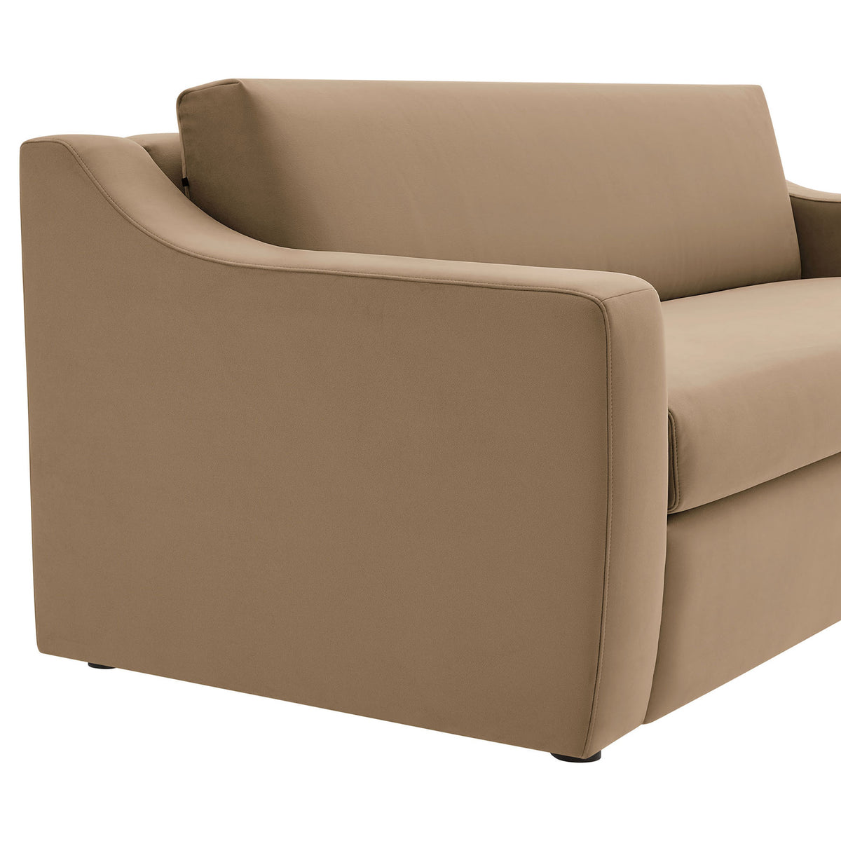 Sloped arm and smooth performance velvet upholstery for a soft, inviting touch on the Liora sofa. || EEI-7219-TAU || detail_studio