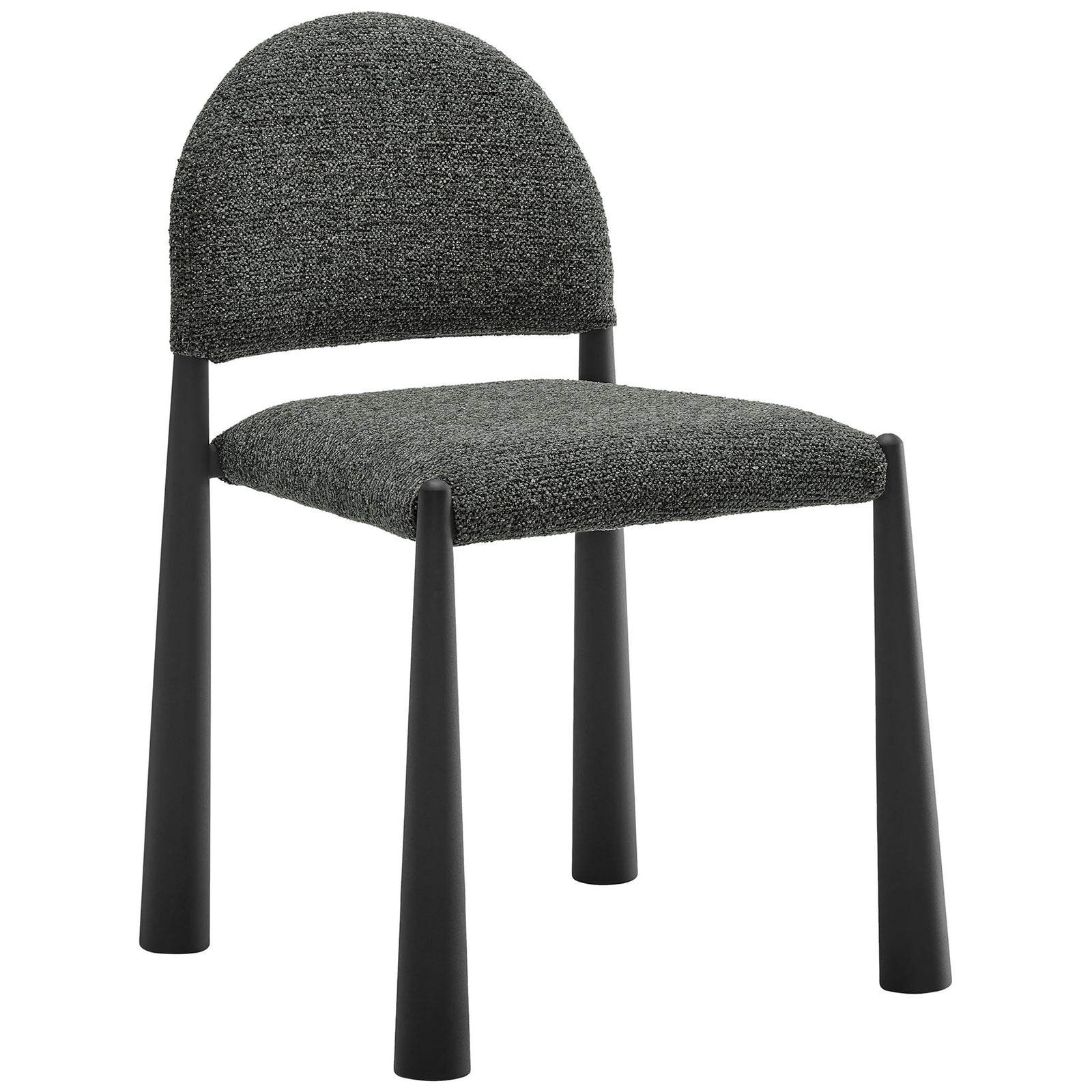 Black anthracite boucle dining chair with arched back and sculptural tapered legs. || EEI-7220-BLK-ANT || front_angle_studio