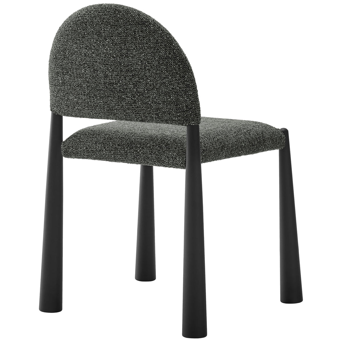 Modern dining chair showcasing curved upholstered back and matte black tapered cylinder legs. || EEI-7220-BLK-ANT || back_angle_studio