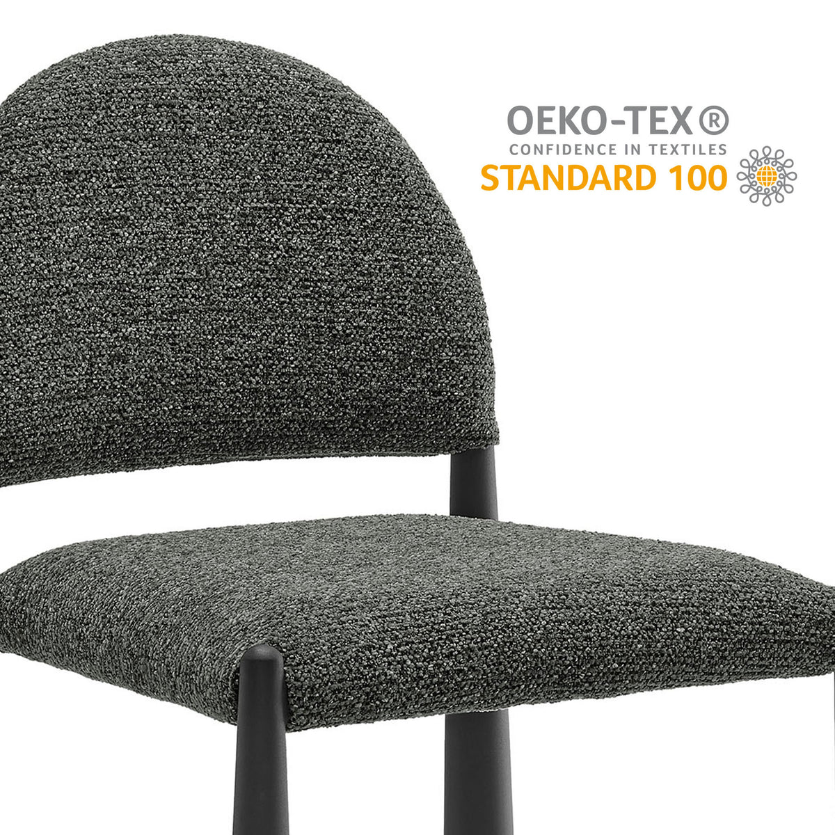 Black anthracite upholstered dining chair featuring OEKO-TEX Standard 100 certified fabric for peace of mind. || EEI-7220-BLK-ANT || callout_studio