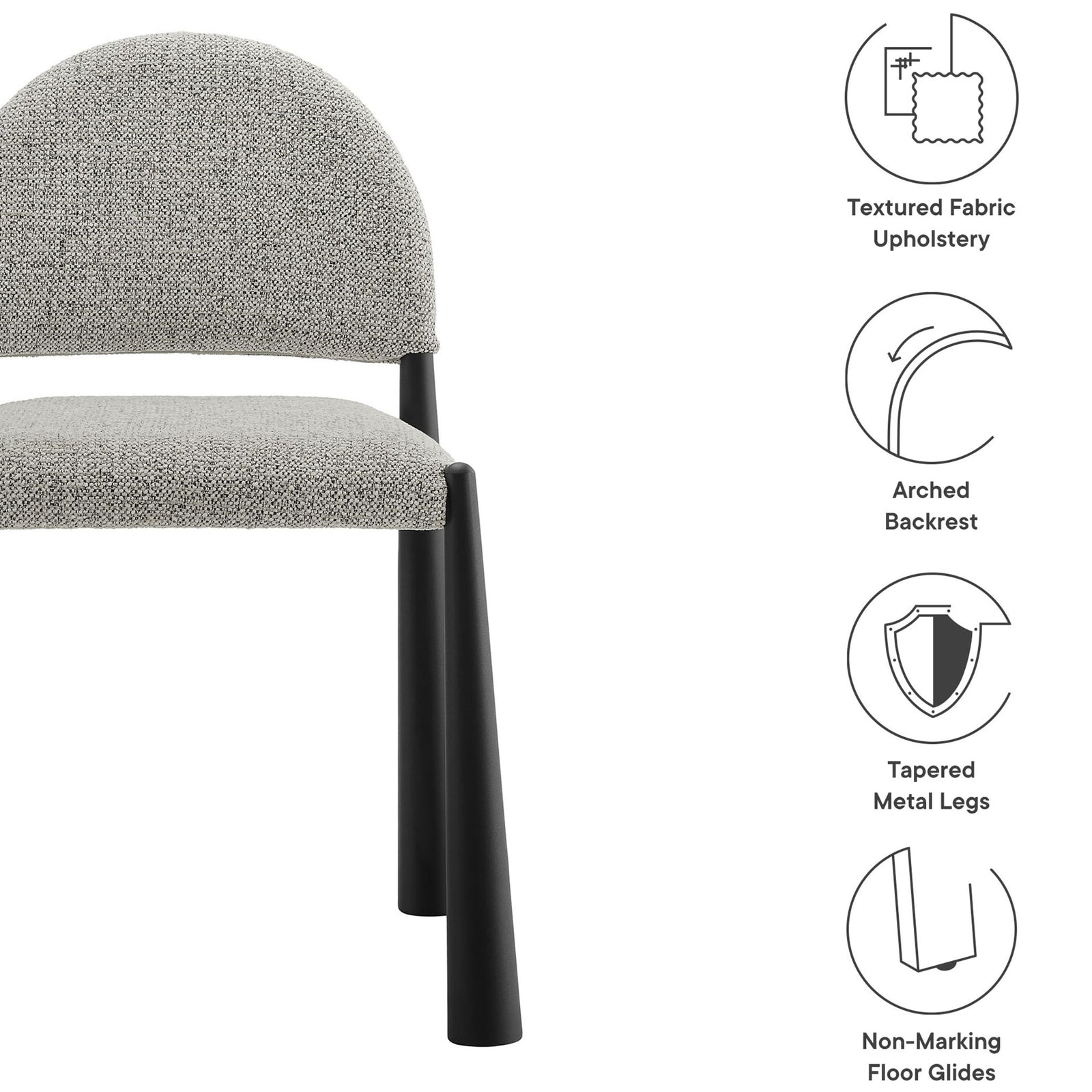 Hayley dining chair with textured upholstery, arched back, tapered legs, and non-marking floor glides || EEI-7220-BLK-CAM || callout_studio