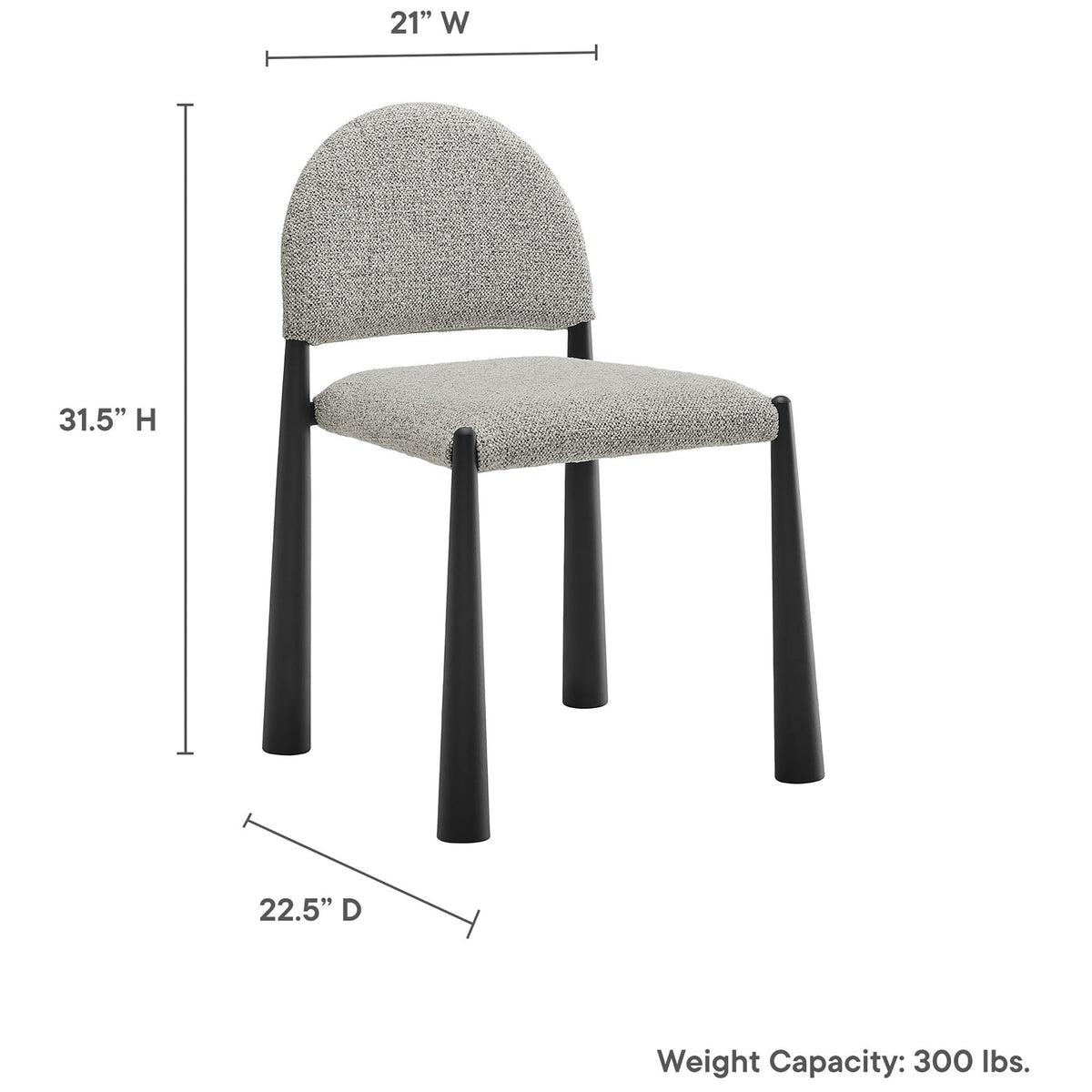 Hayley dining chair with overall width, depth, height, and 300 pound weight capacity dimension callouts || EEI-7220-BLK-CAM || dimension_studio