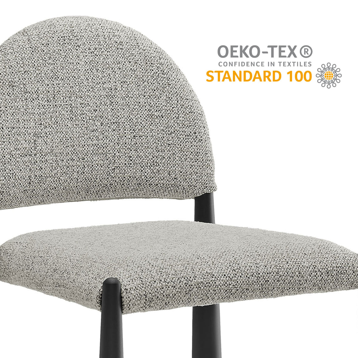 Hayley dining chair seat and back in OEKO-TEX Standard 100 certified textured fabric for comfortable support || EEI-7220-BLK-CAM || callout_studio