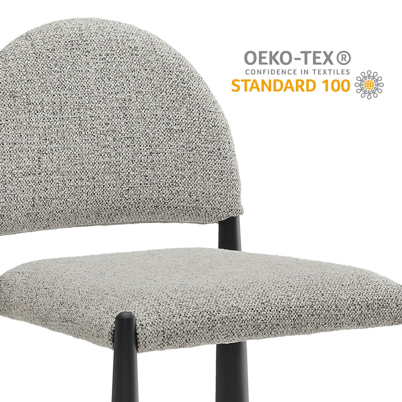 Hayley dining chair seat and back in OEKO-TEX Standard 100 certified textured fabric for comfortable support || EEI-7220-BLK-CAM || callout_studio