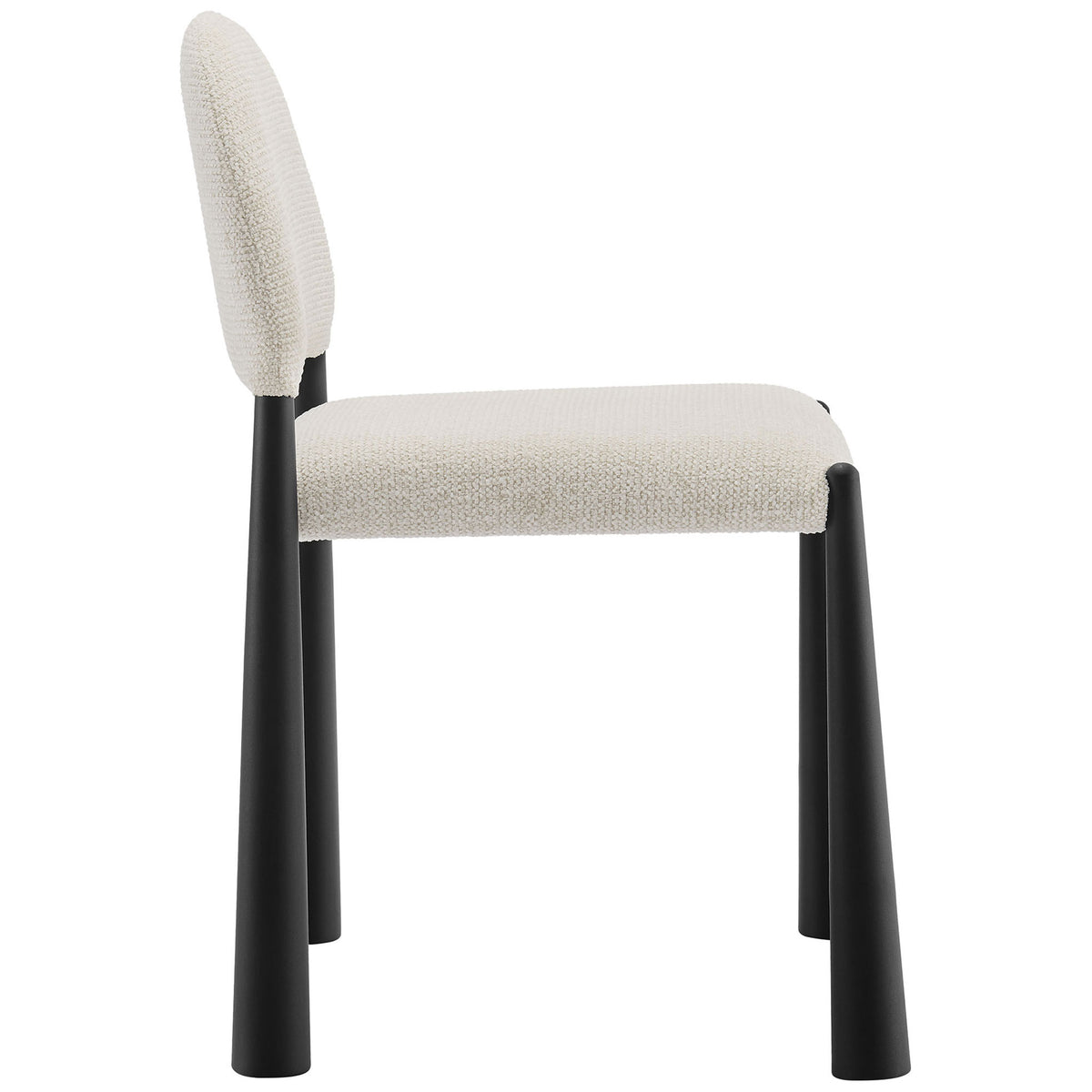 Silhouette showcases the padded seat, curved boucle backrest, and flared black metal legs of the dining chair || EEI-7220-BLK-CRE || side_studio