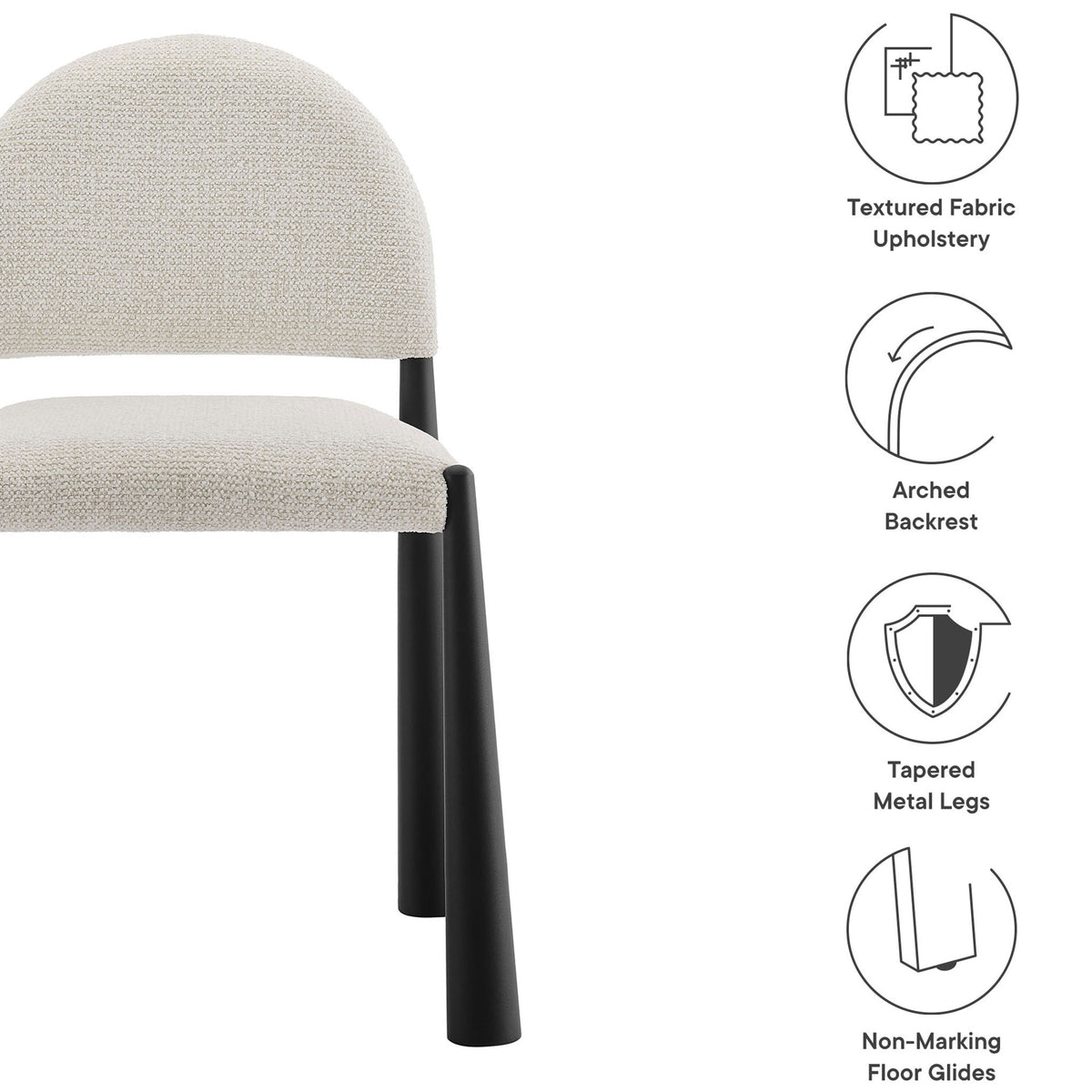 Dining chair features textured upholstery, arched backrest, tapered metal legs, and non-marking floor glides || EEI-7220-BLK-CRE || callout_studio